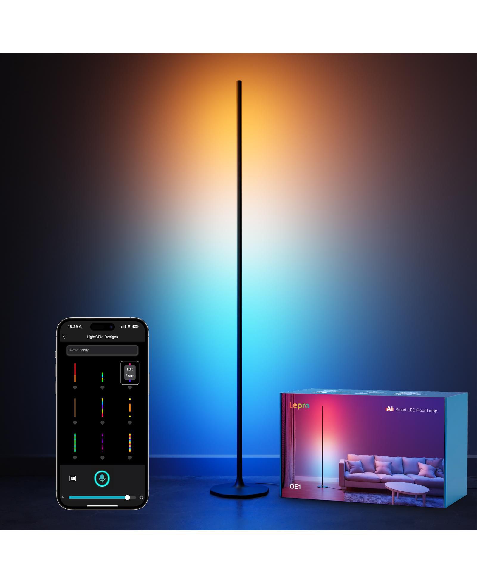 Напольный светильник Lepro OE1 AI Smart RGBWW Black, диммируемый акцентный свет для спальни и гостиной