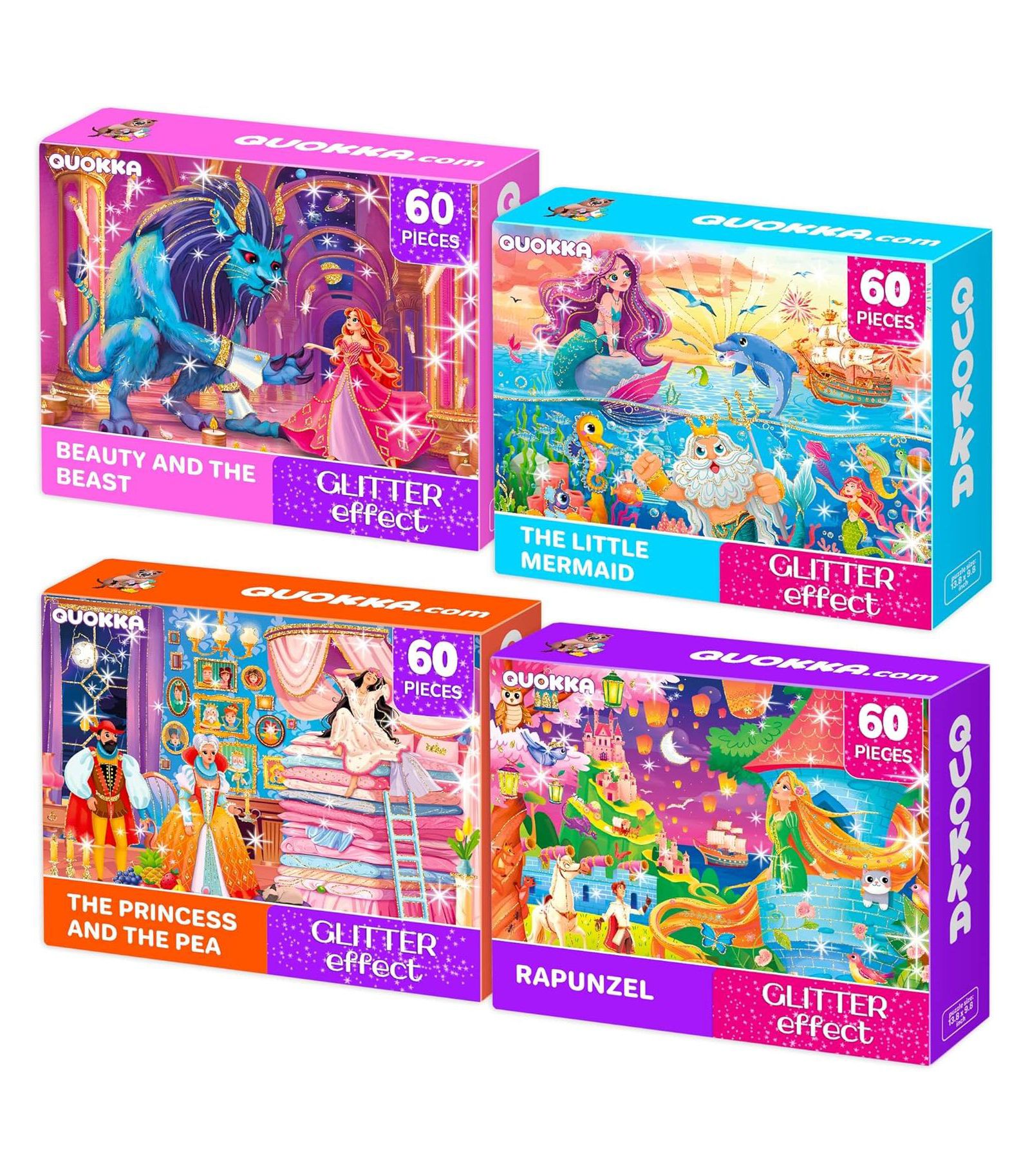 Quokka Fairy Tale Princess Glitter-Effect Puzzle 4-Pack (60-Piece), Ages 4+