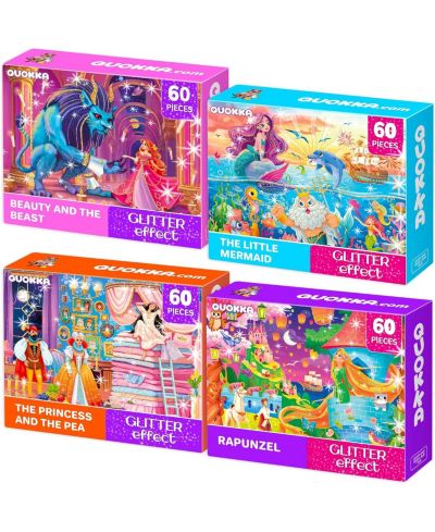 Quokka Fairy Tale Princess Glitter-Effect Puzzle 4-Pack (60-Piece), Ages 4+