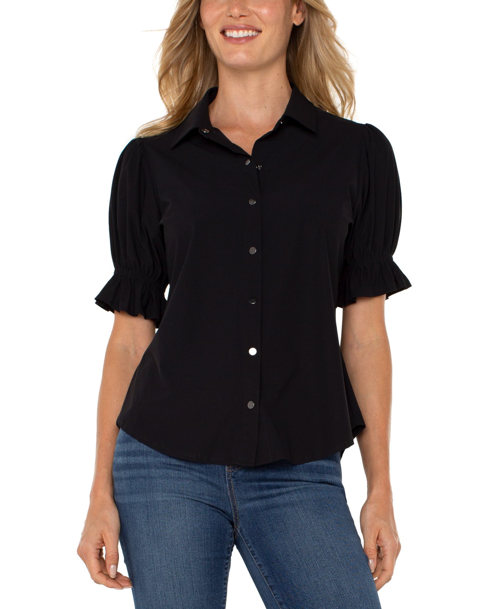 Liverpool Los Angeles Women's Elbow Puff Sleeve Snap Front Collar Top