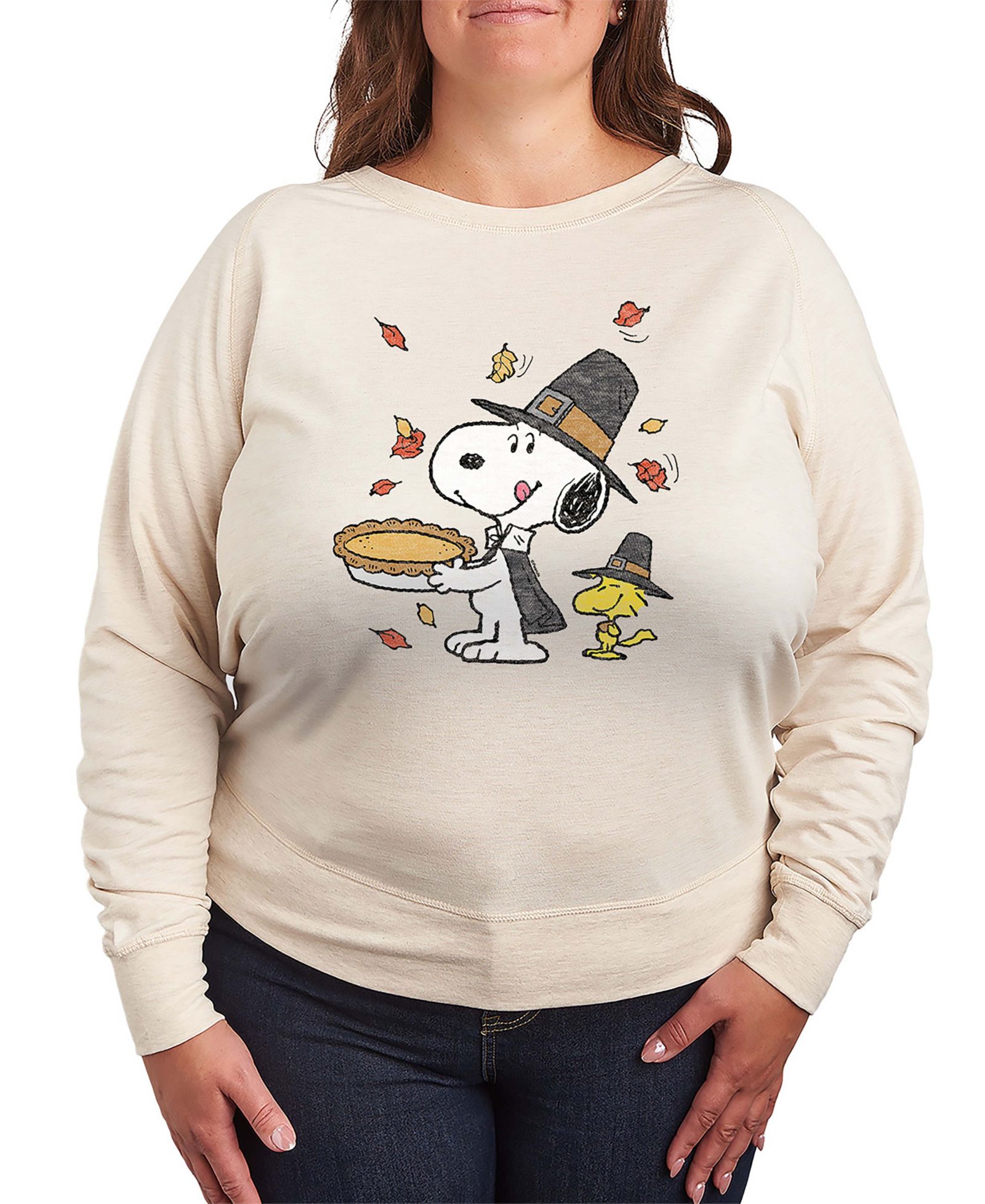 Женская футболка Hybrid Apparel Plus Size Thanksgiving Pie Snoopy and Woodstock French Terry Long Sleeve