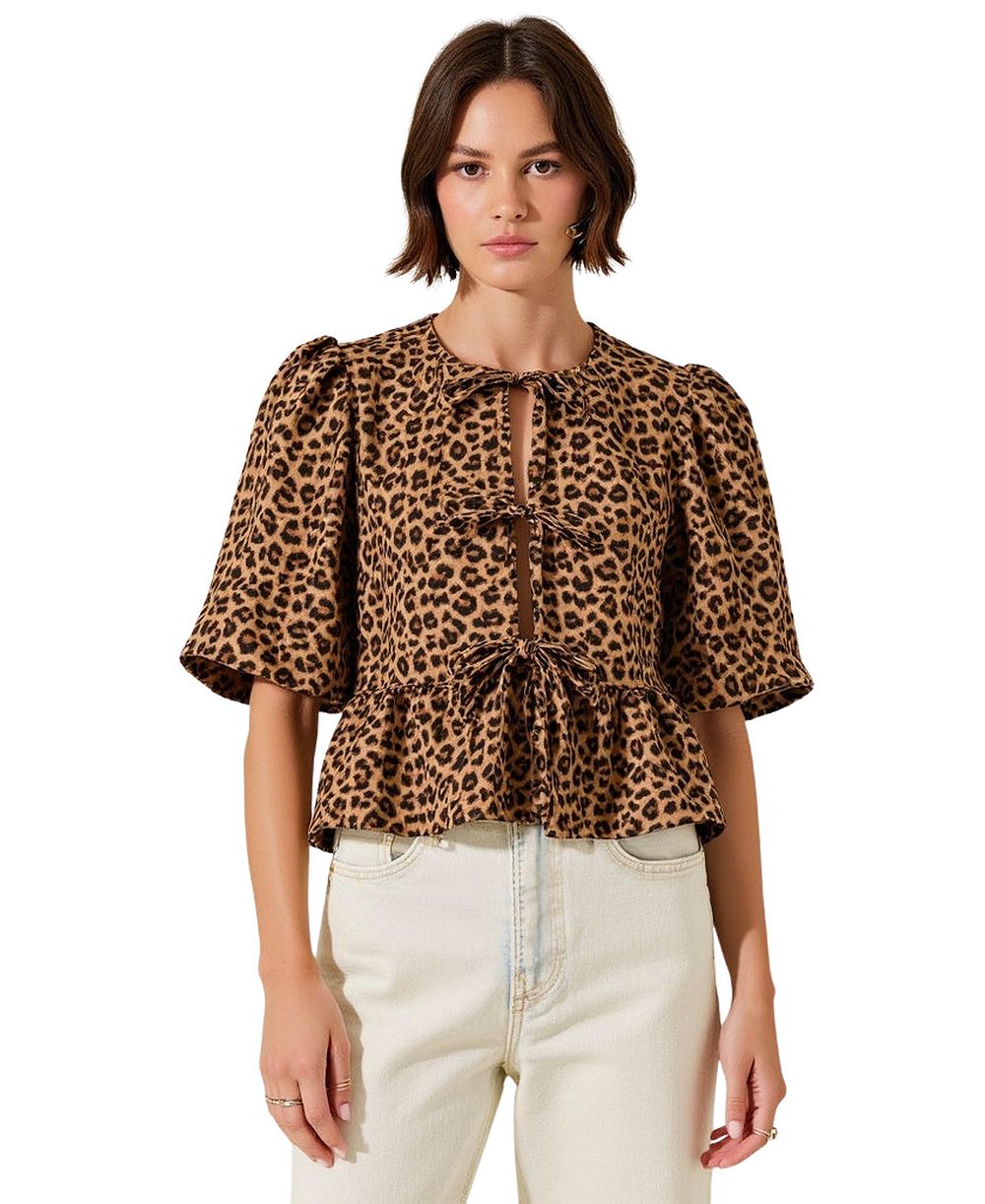 Modenaire Женский топ Modenaire Leopard-Print Front-Tie Puff-Sleeve Peplum