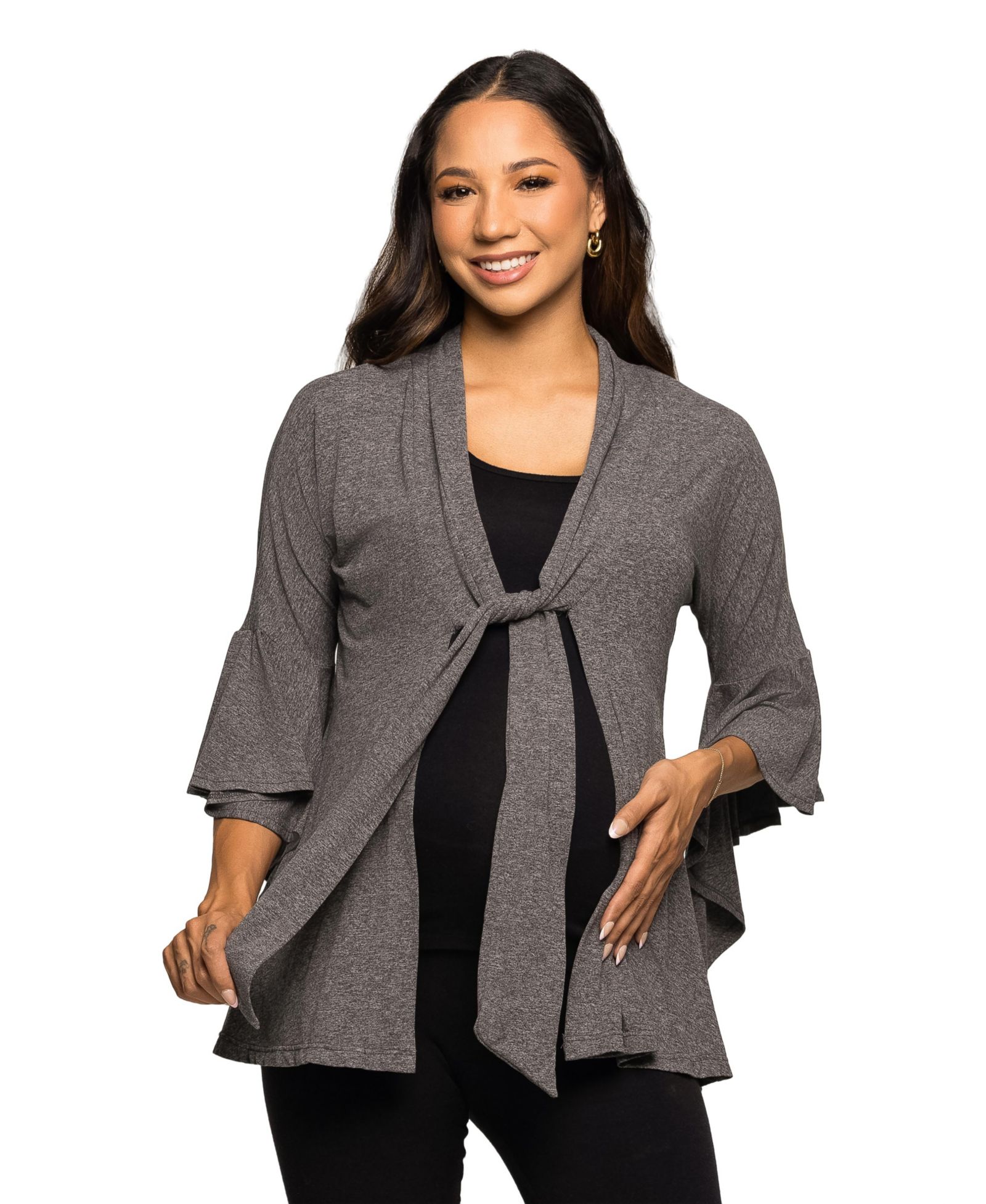 24seven Comfort Apparel Women's Maternity Tie Front Bell Sleeve Jacket