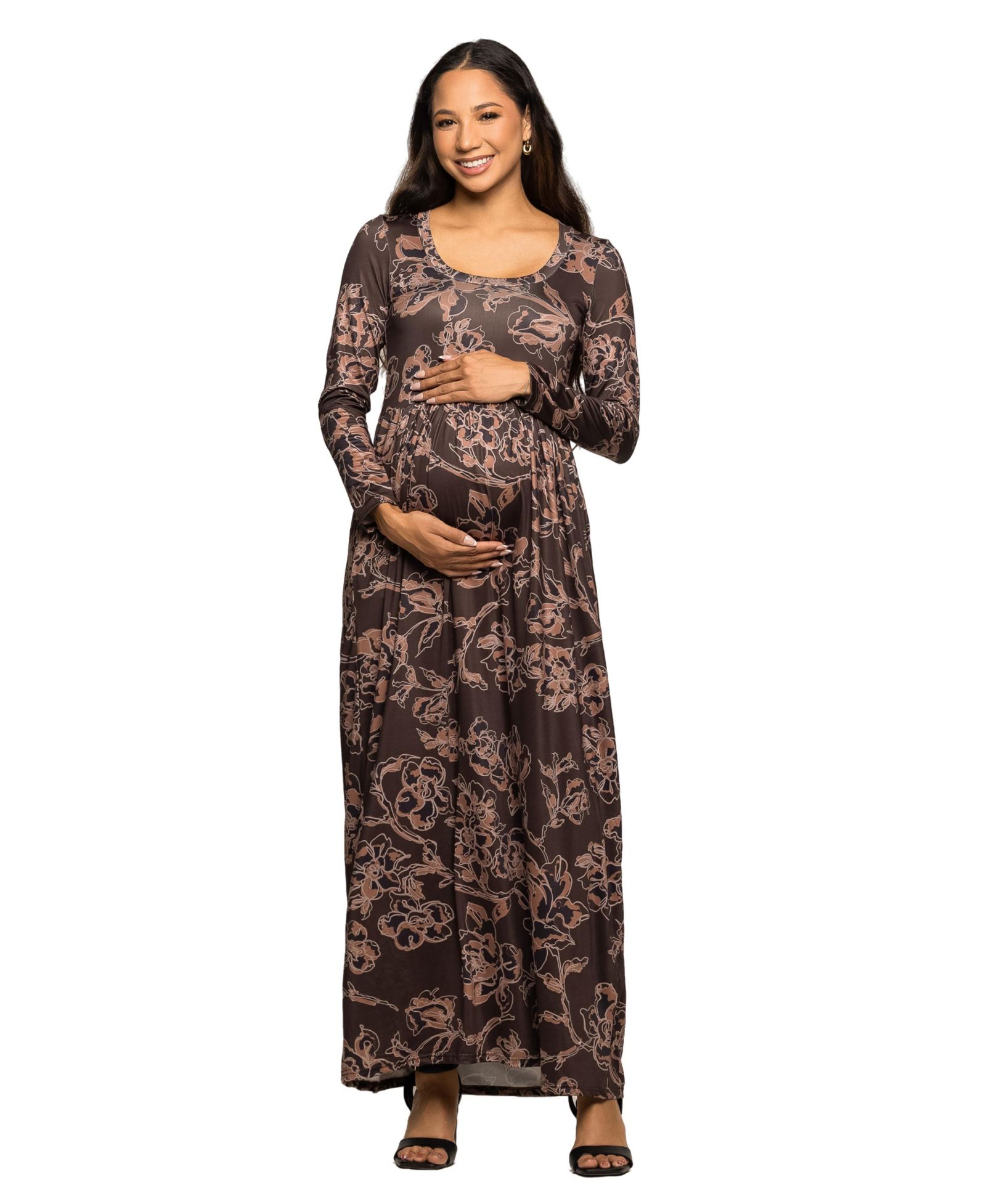 24seven Comfort Apparel Женское платье Maxi Long Sleeve Brown Blush Floral Maternity