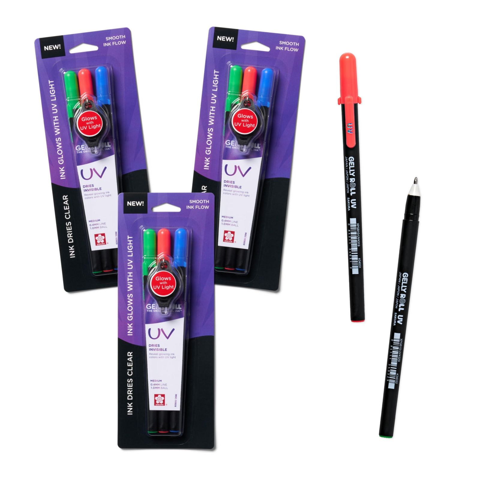 Sakura Gelly Roll UV ручка - гелевая ручка с UV-брелоком-фонариком - 9 ручек, 3 фонарика