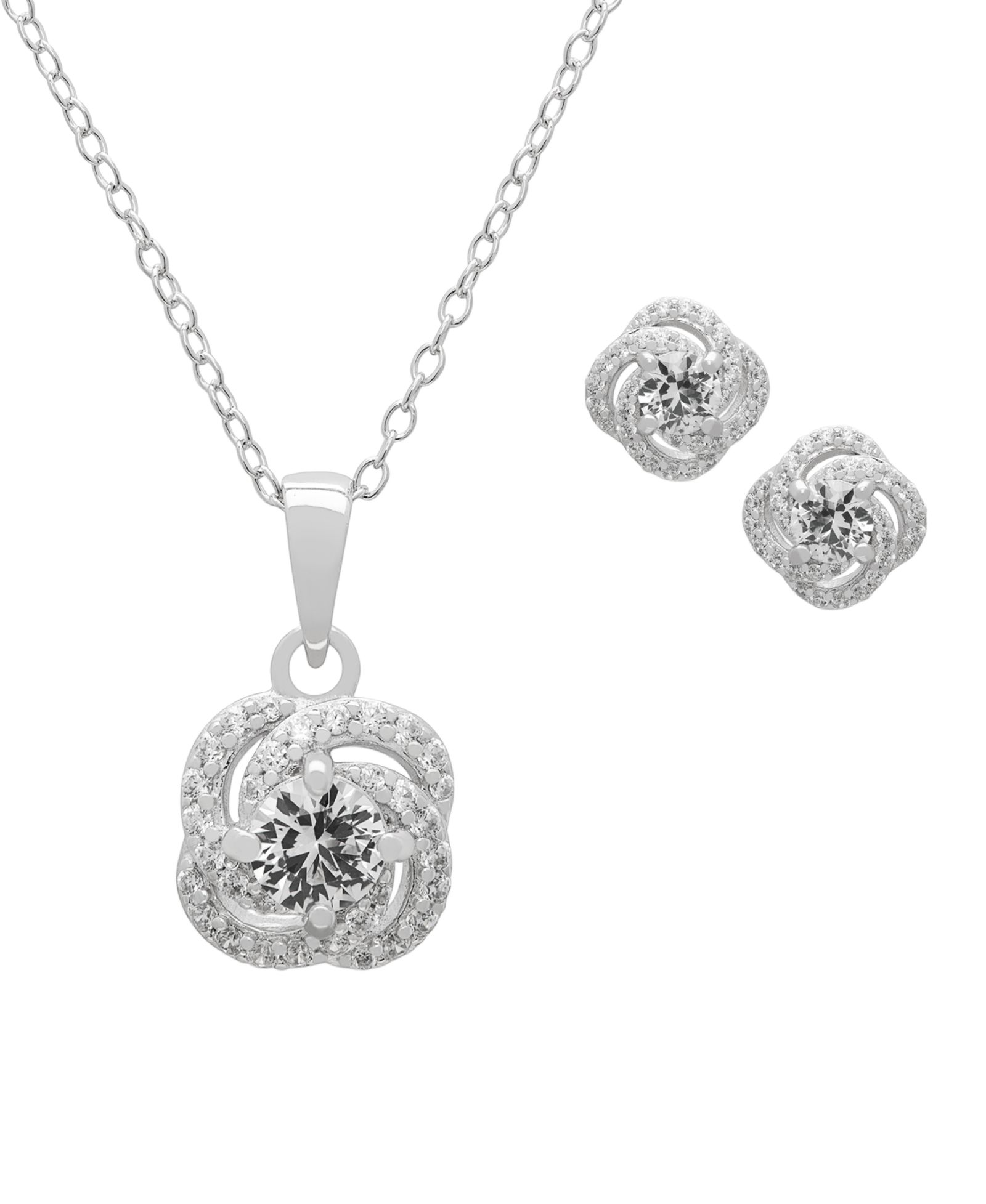 Macy's Lab Grown White Sapphire (2-3/4 ct. t.w.) Love Knot Pendant Necklace & Earrings in Sterling Silver, 2-Piece Set