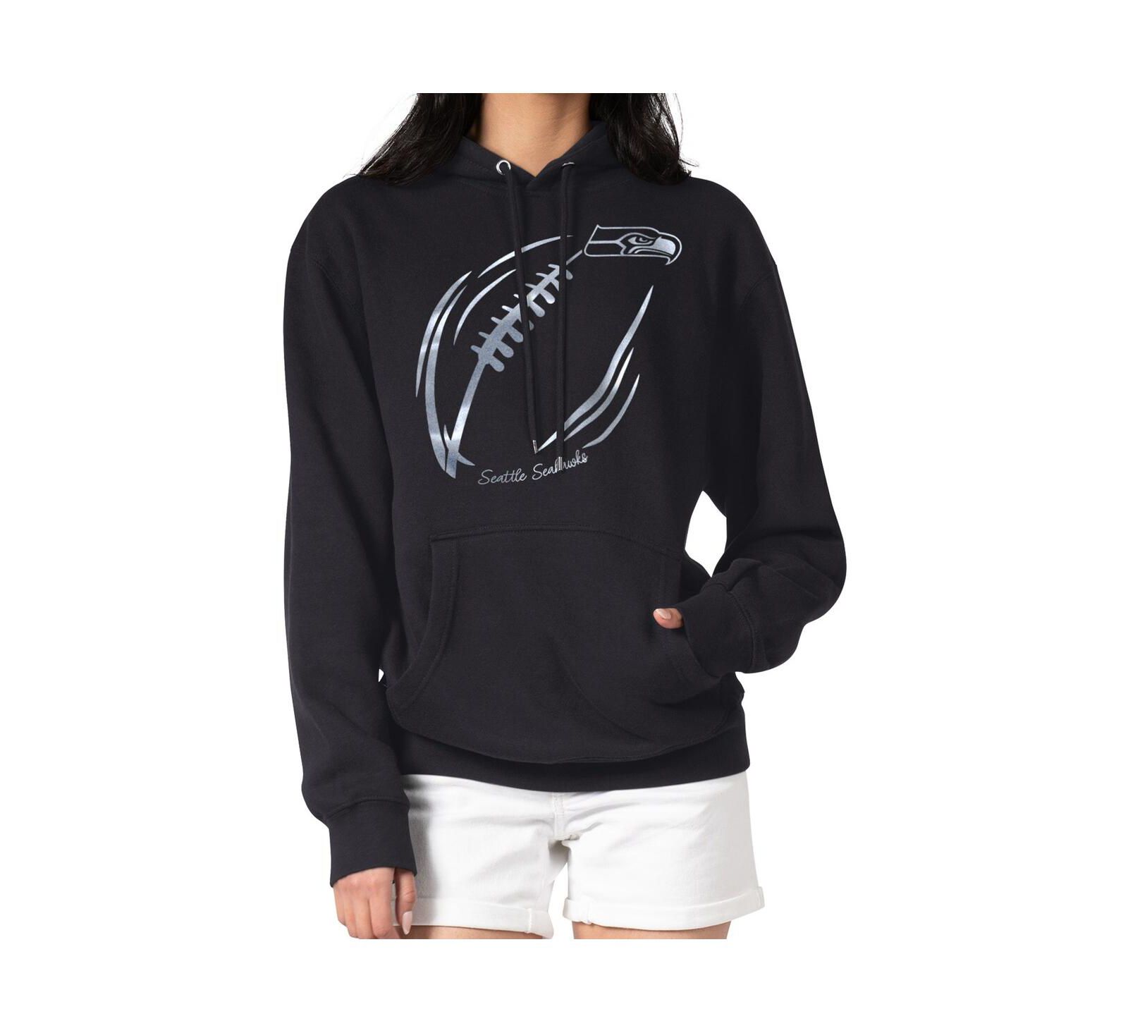 G-III 4Her by Carl Banks Women's Black Seattle Seahawks Metallic Print Football Sketch Fleece Pullover Hoodie