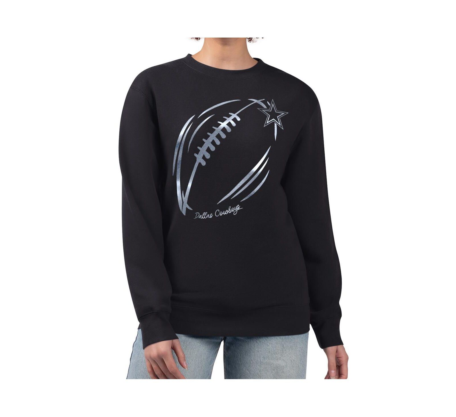 G-III 4Her by Carl Banks Women's Black Dallas Cowboys Metallic Print Football Sketch Fleece Crewneck Sweatshirt