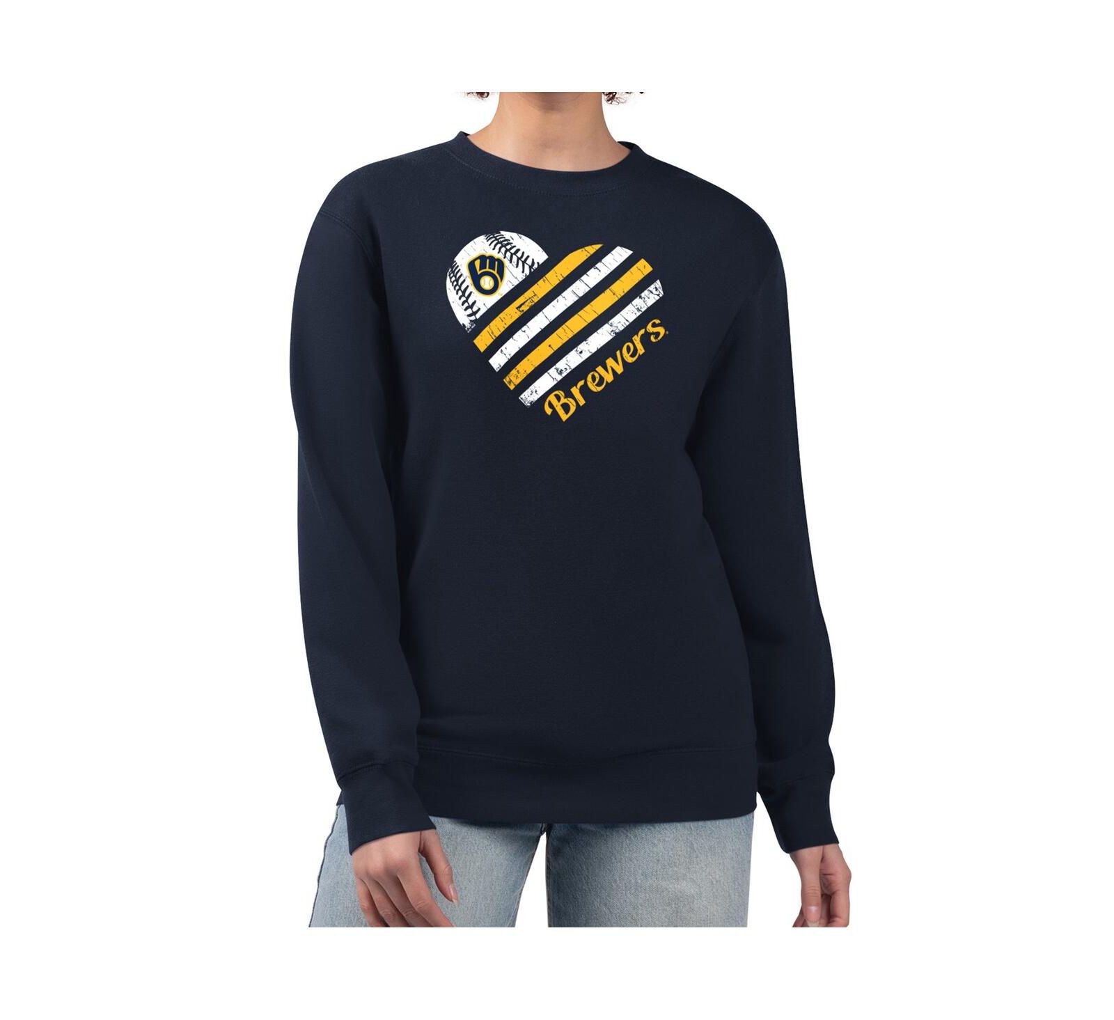 G-III 4Her by Carl Banks Women's Navy Milwaukee Brewers Heart Logo Fleece Pullover Sweatshirt