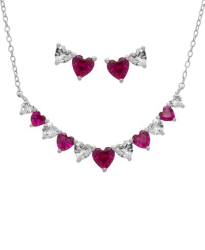 Macy's 2-Pc. Lab Grown Pink Sapphire (3.58 ct. t.w.) & White Sapphire (1.36 ct. t.w.) Graduated Heart Necklace with Earrings Set in Sterling Silver