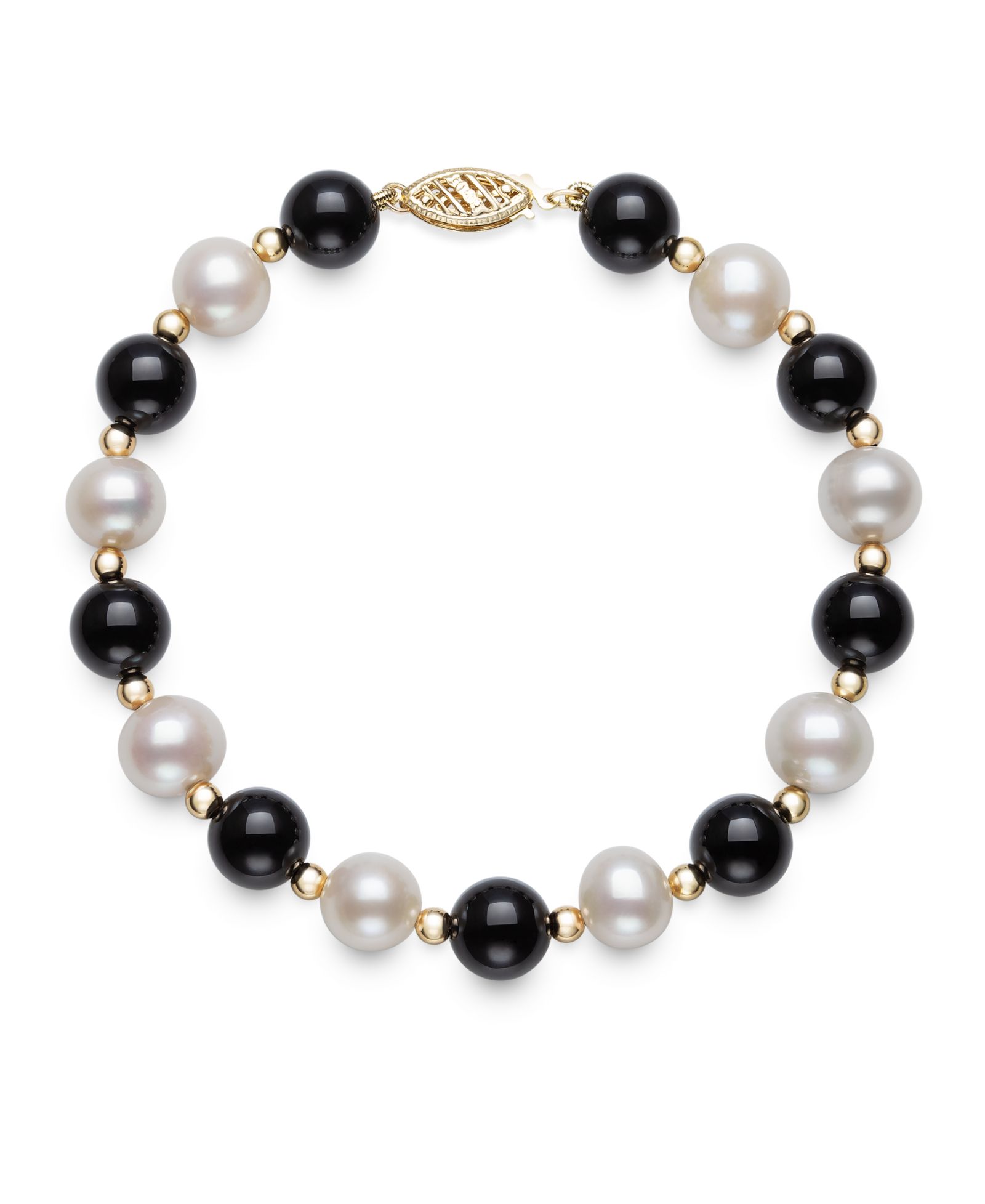 Macy's Freshwater Pearl (7.5-8.5mm), Black Onyx and Gold Bead Bracelet in 10k Yellow Gold