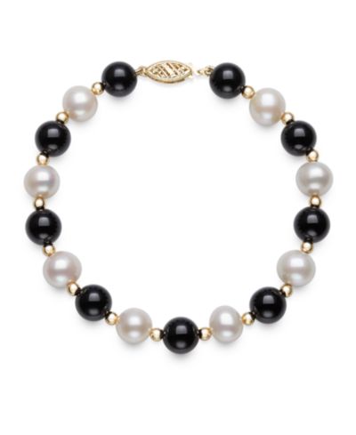 Macy's Freshwater Pearl (7.5-8.5mm), Black Onyx and Gold Bead Bracelet in 10k Yellow Gold