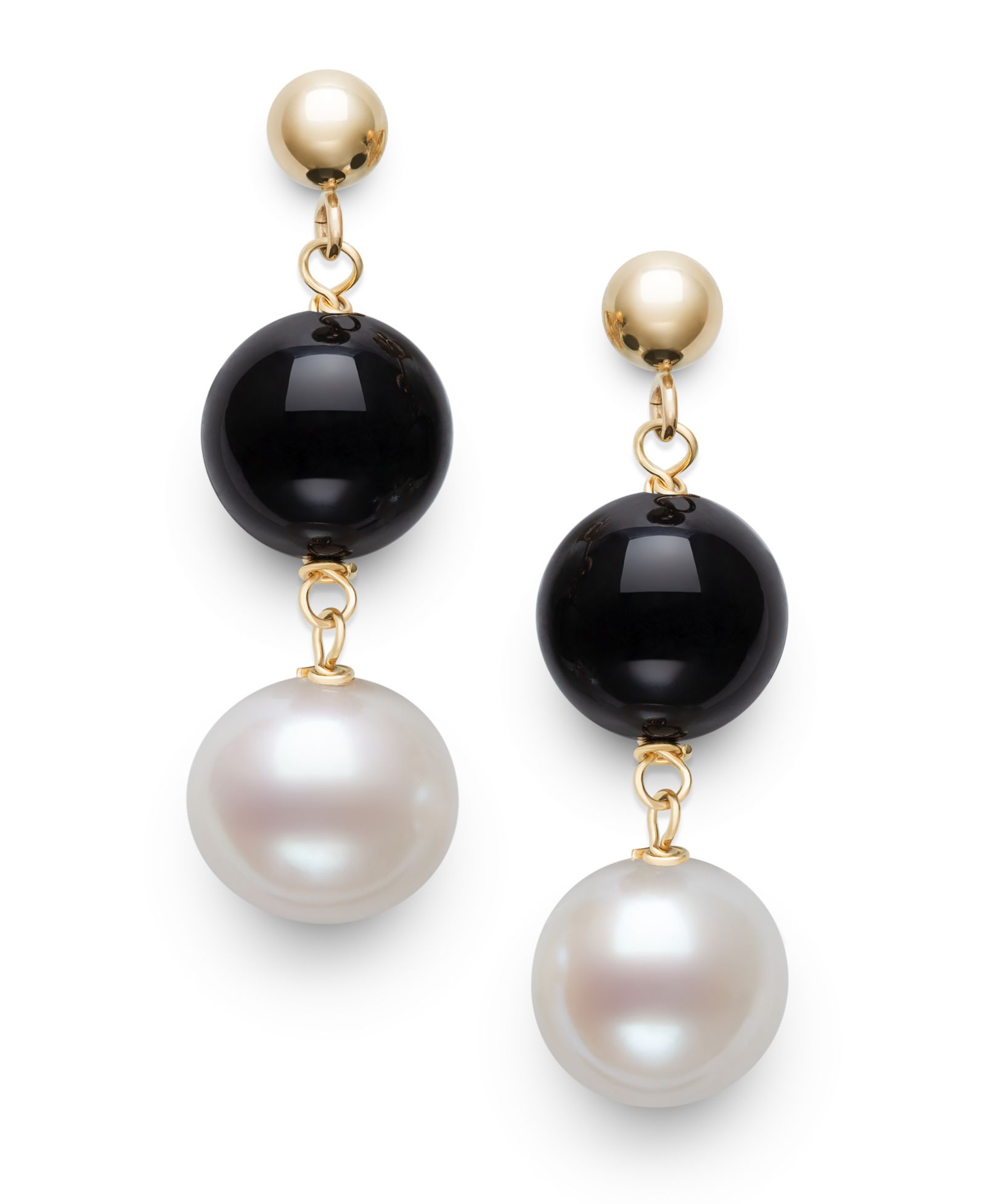 Серьги Macy's Freshwater Pearl & Black Onyx в желтом золоте 10k
