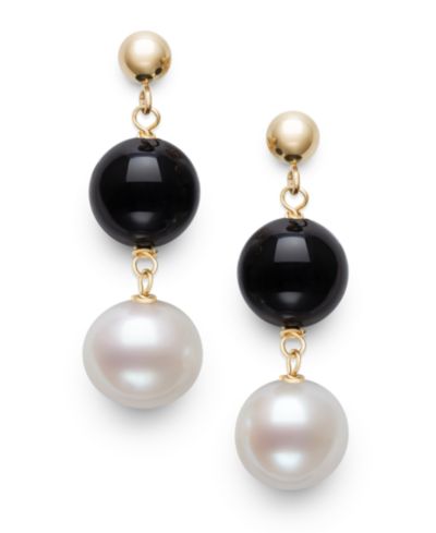 Серьги Macy's Freshwater Pearl & Black Onyx в желтом золоте 10k
