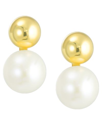 Культивированный Freshwater Pearl and Gold Ball Stud Earrings In 10k Yellow Gold