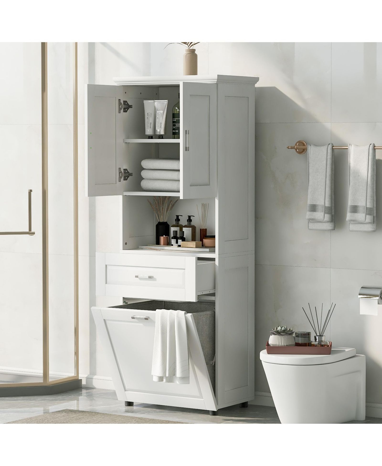 sumyeg Tall Bathroom Cabinet with Laundry Basket, Tilt-Out Hamper and Upper Storage