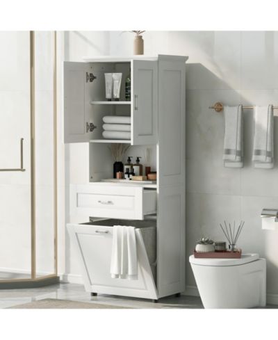 sumyeg Tall Bathroom Cabinet with Laundry Basket, Tilt-Out Hamper and Upper Storage