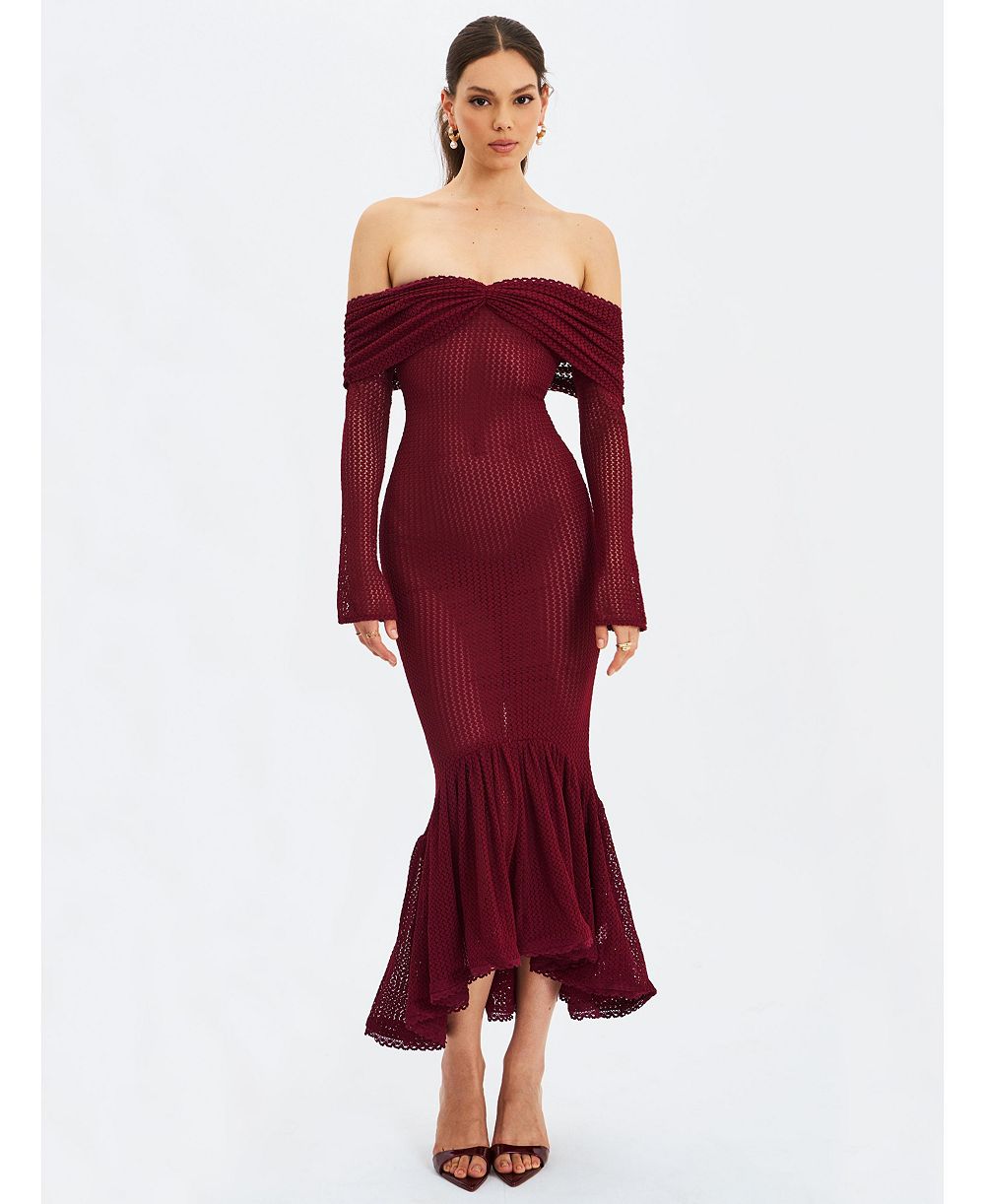 Miss Circle Женский Kaedyn Burgundy Off Shoulder Long Sleeve Crochet Mermaid Maxi Dress