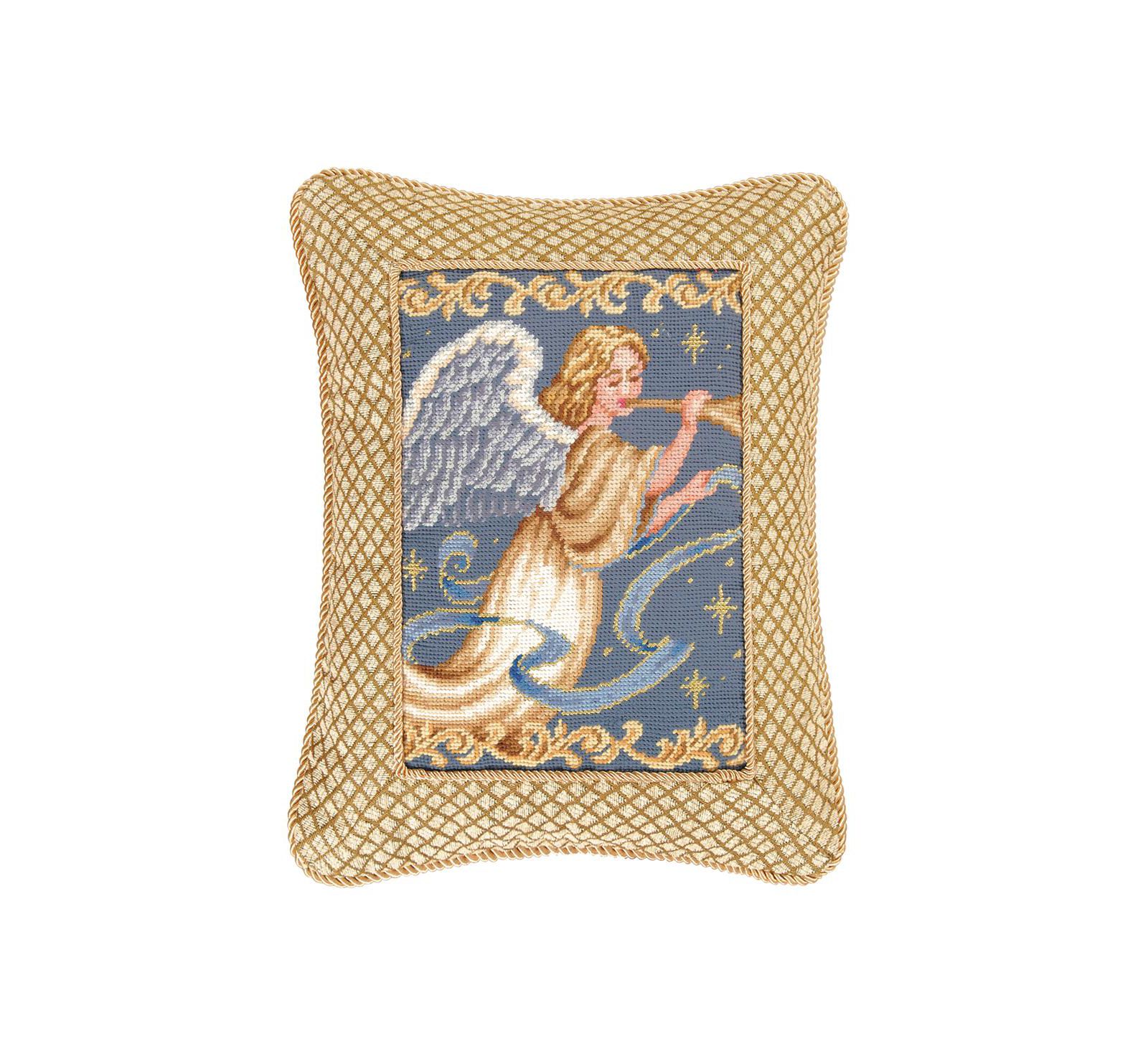 Christmas Angel Wings w/ Trumpet Horn Mini Cotton Gold Accent Pillow 14" x 18"