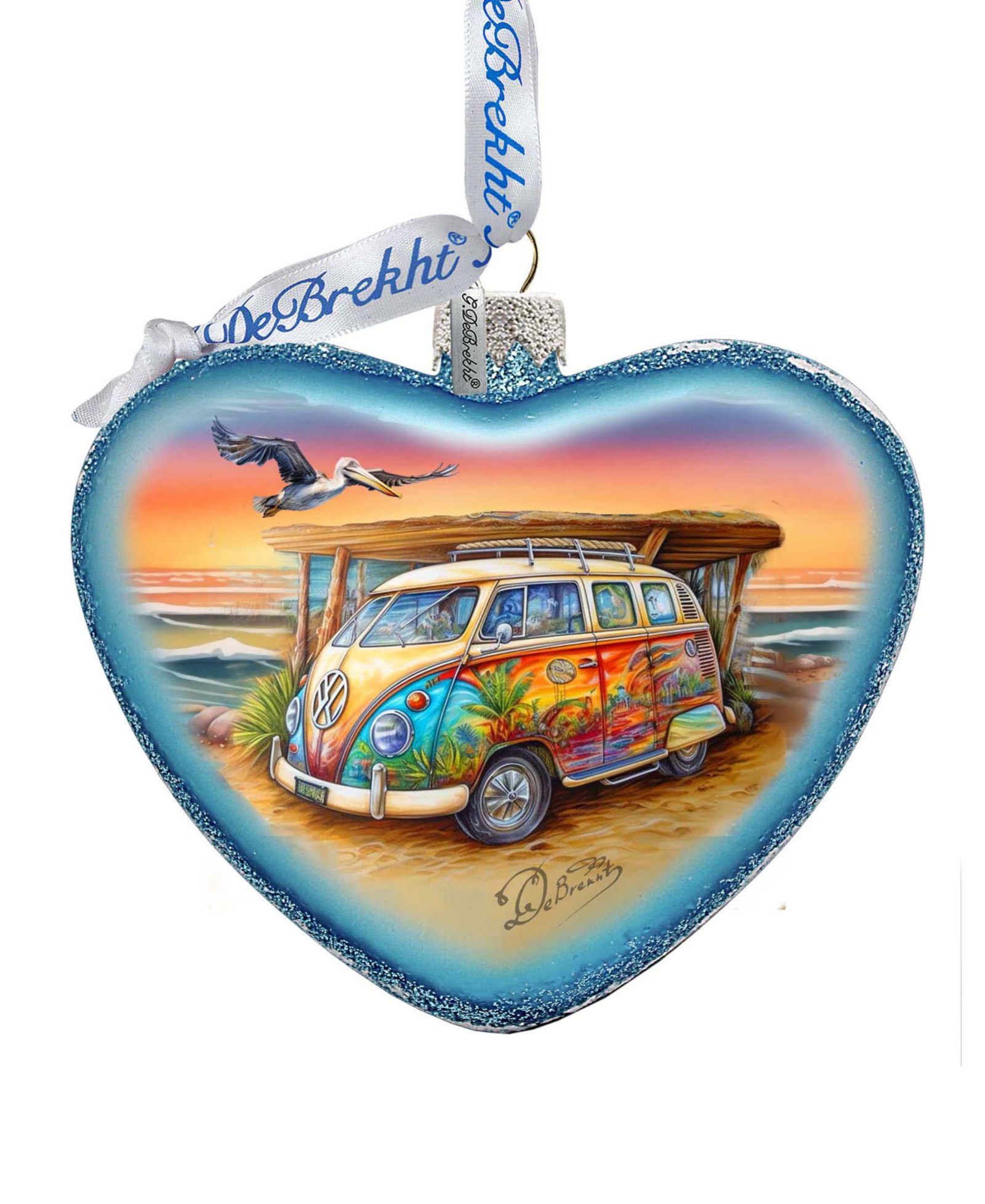 G.DeBrekht Surf Van Heart Glass Christmas Ornament