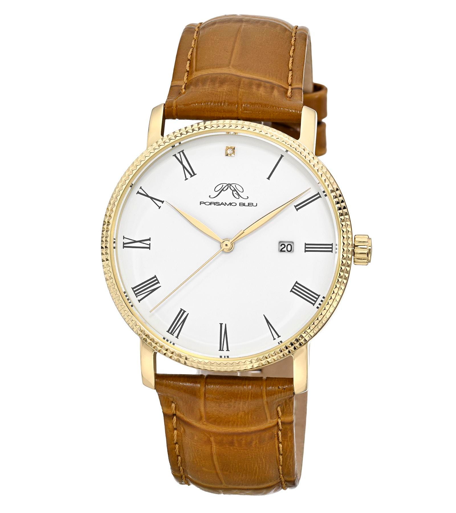 Porsamo Bleu Men's Veritas 1 Diamond Brown Genuine Leather Band Watch 40 mm
