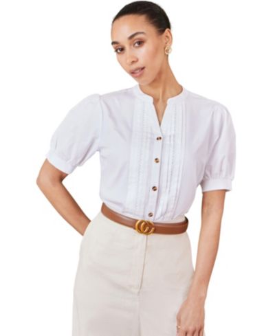 Yumi Women's Cotton Pleated Short Sleeve Shirt
