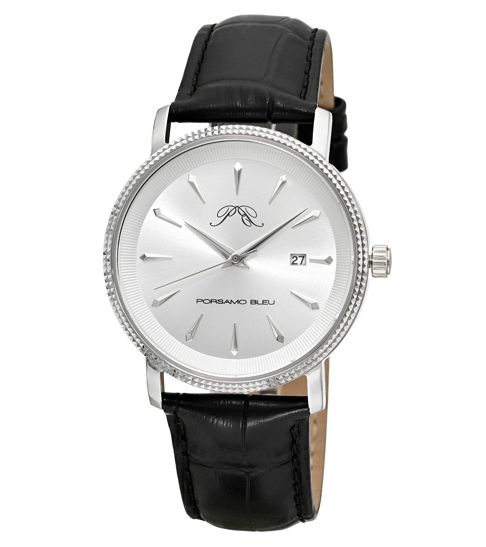 Porsamo Bleu Men's Veritas 2 Round Black Genuine Leather Band Watch 40 mm