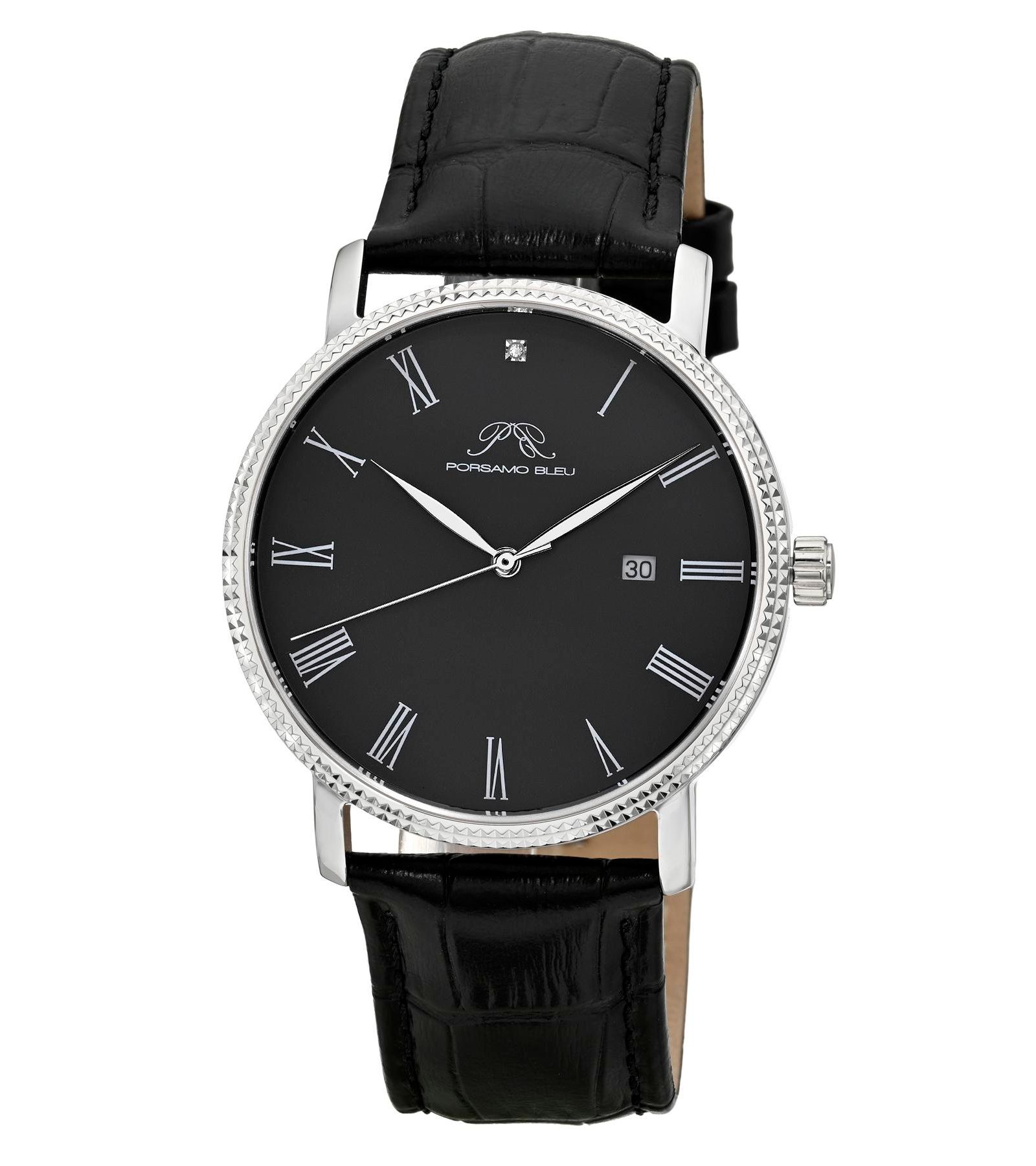 Porsamo Bleu Men's Veritas 1 Diamond Black Genuine Leather Band Watch 40 mm