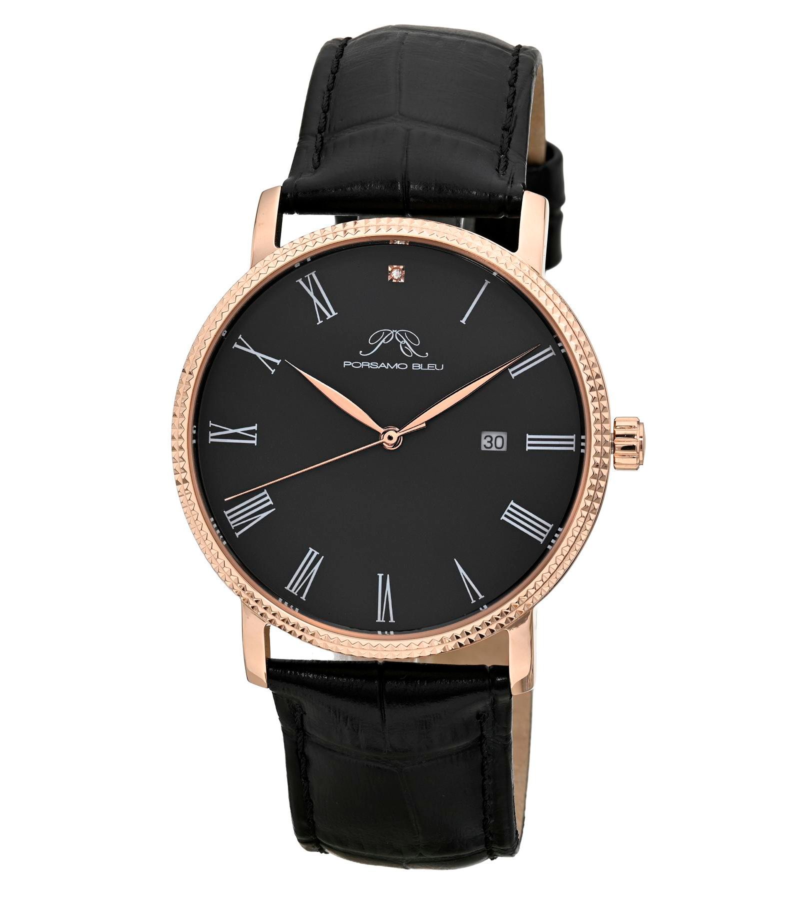Мужские часы Porsamo Bleu Veritas 1 Diamond Black из натуральной кожи, 40 mm