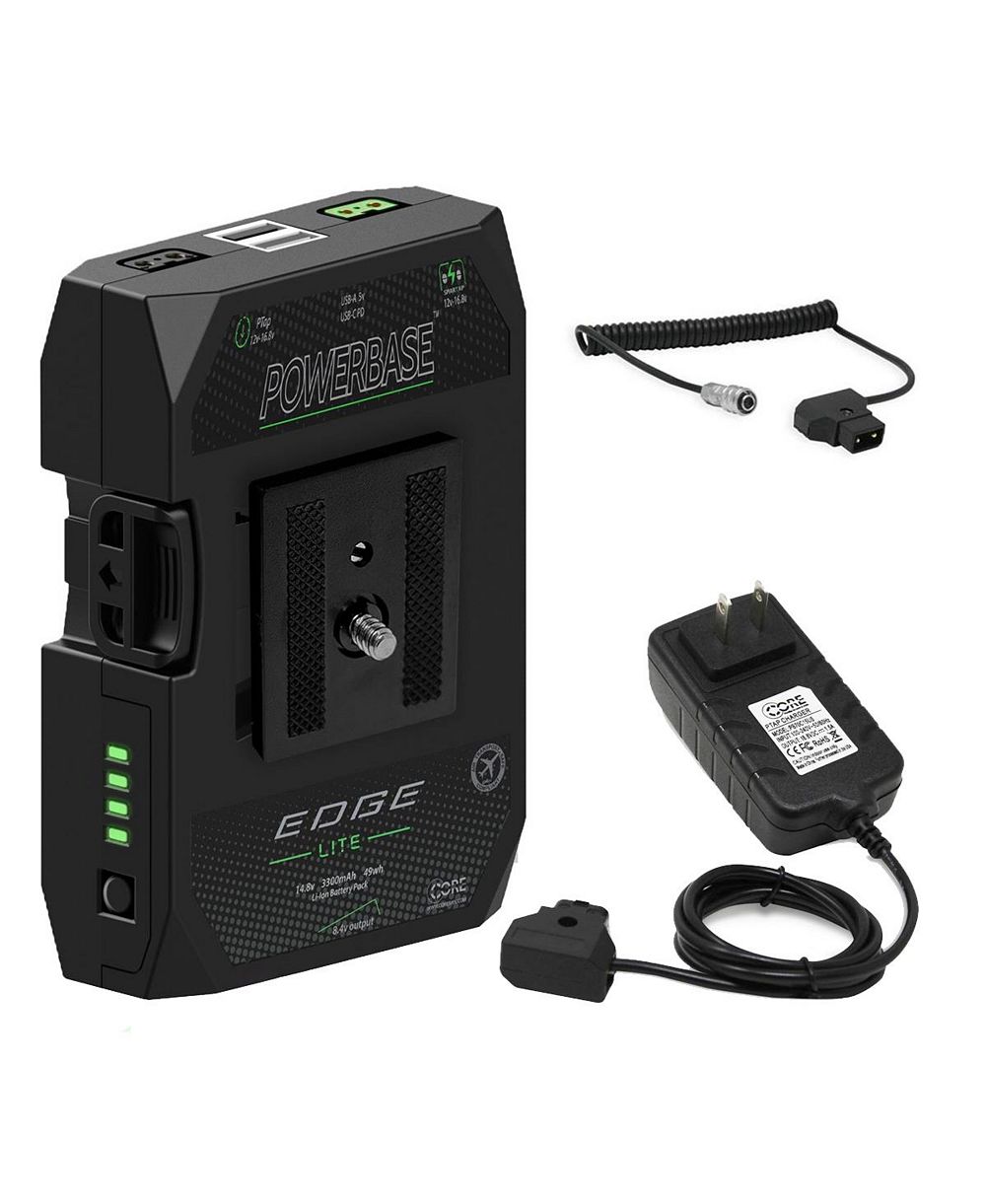 Core SWX PowerBase Edge Lite 49Wh 14.8V Small Form Cine Base Battery Pack and 1.5A Single-Position D-Tap Charger With Coiled D-Tap to 2-Pin Cable