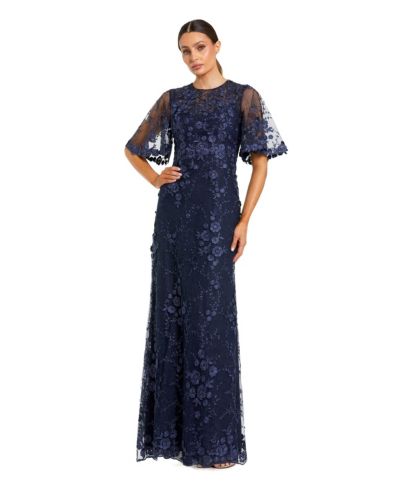 Mac Duggal Women's Flutter Sleeve Floral Embroidered Net Gown