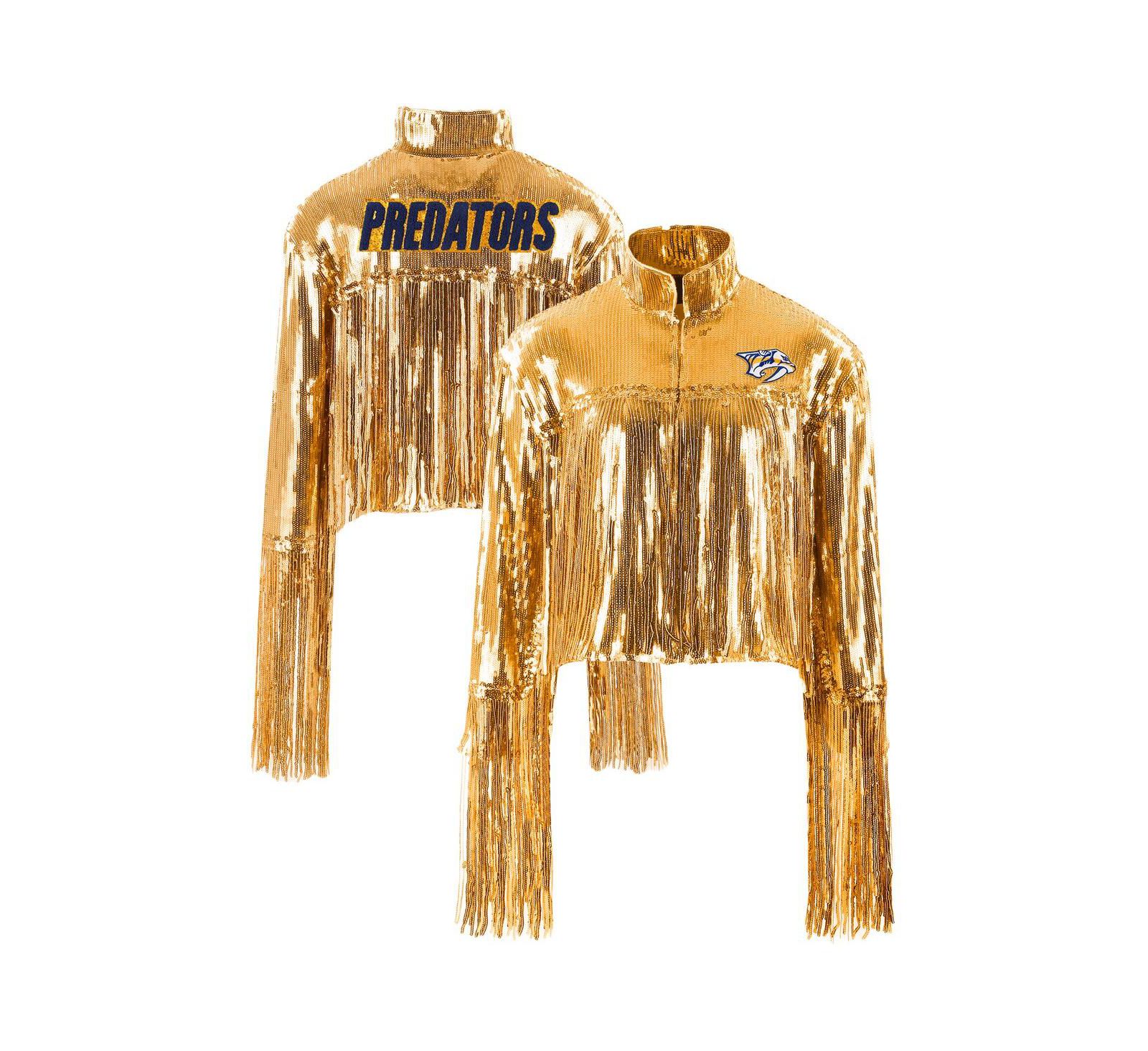 Cuce Women's Gold Nashville Predators Cropped Sequin Fringe Jacket