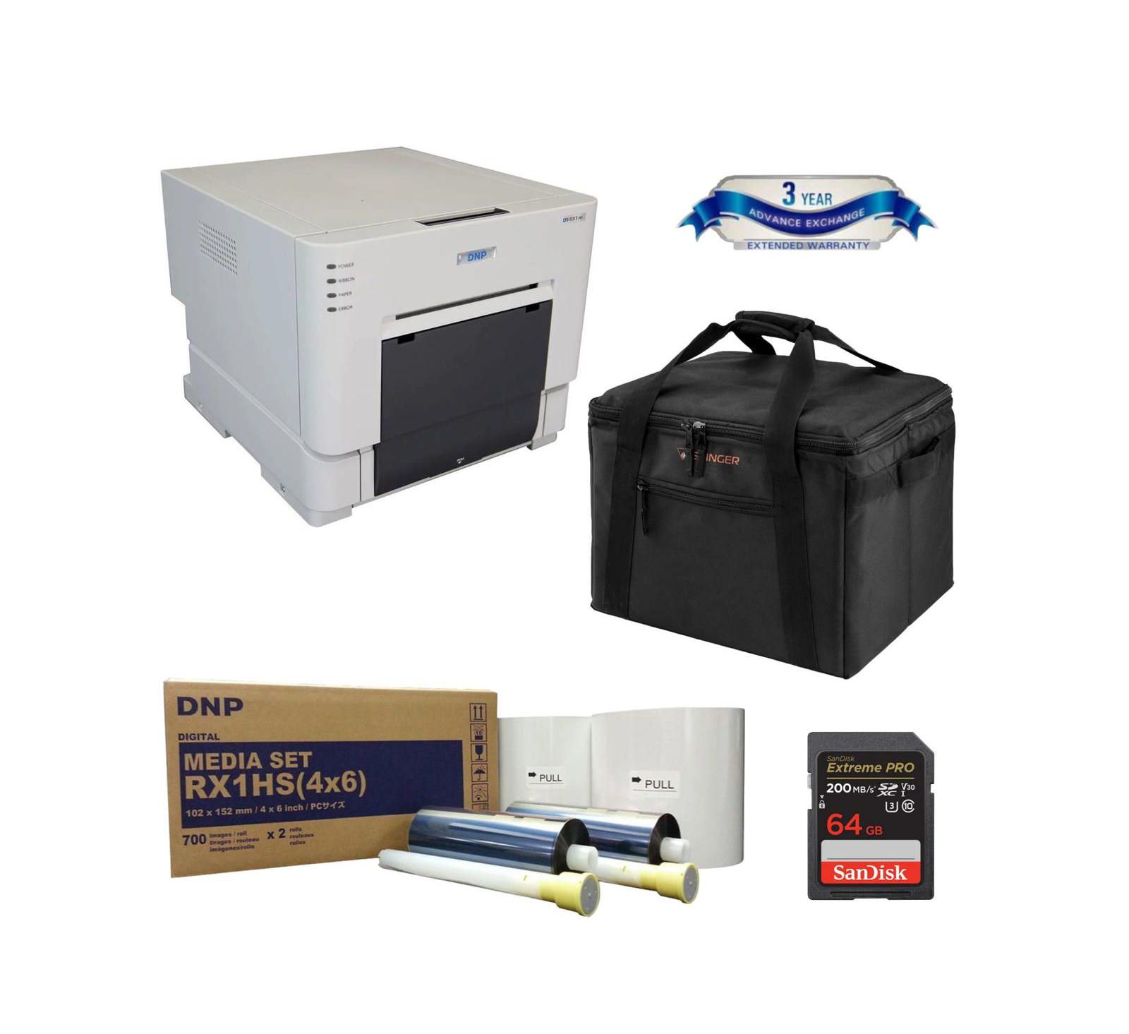 DNP DS-RX1HS Compact Event Photo Booth Portrait Dye-Sublimation Printer Bundle with Print Media 4x6-inch, 2 Rolls + Slinger Padded Printer