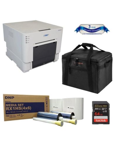 DNP DS-RX1HS Compact Event Photo Booth Portrait Dye-Sublimation Printer Bundle with Print Media 4x6-inch, 2 Rolls + Slinger Padded Printer