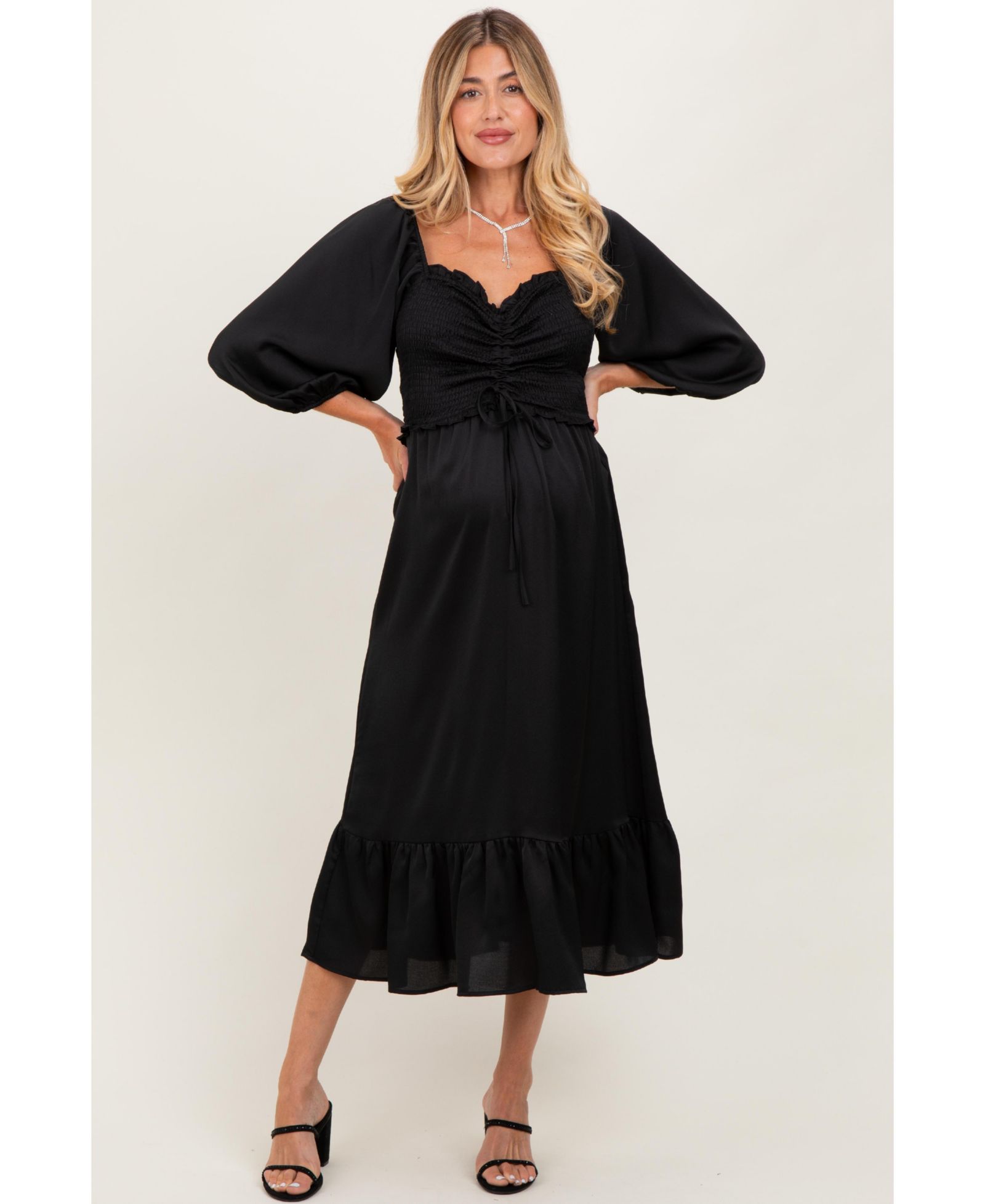 Платье Pinkblush Women's Black Satin Smocked Cinched Bust Midi