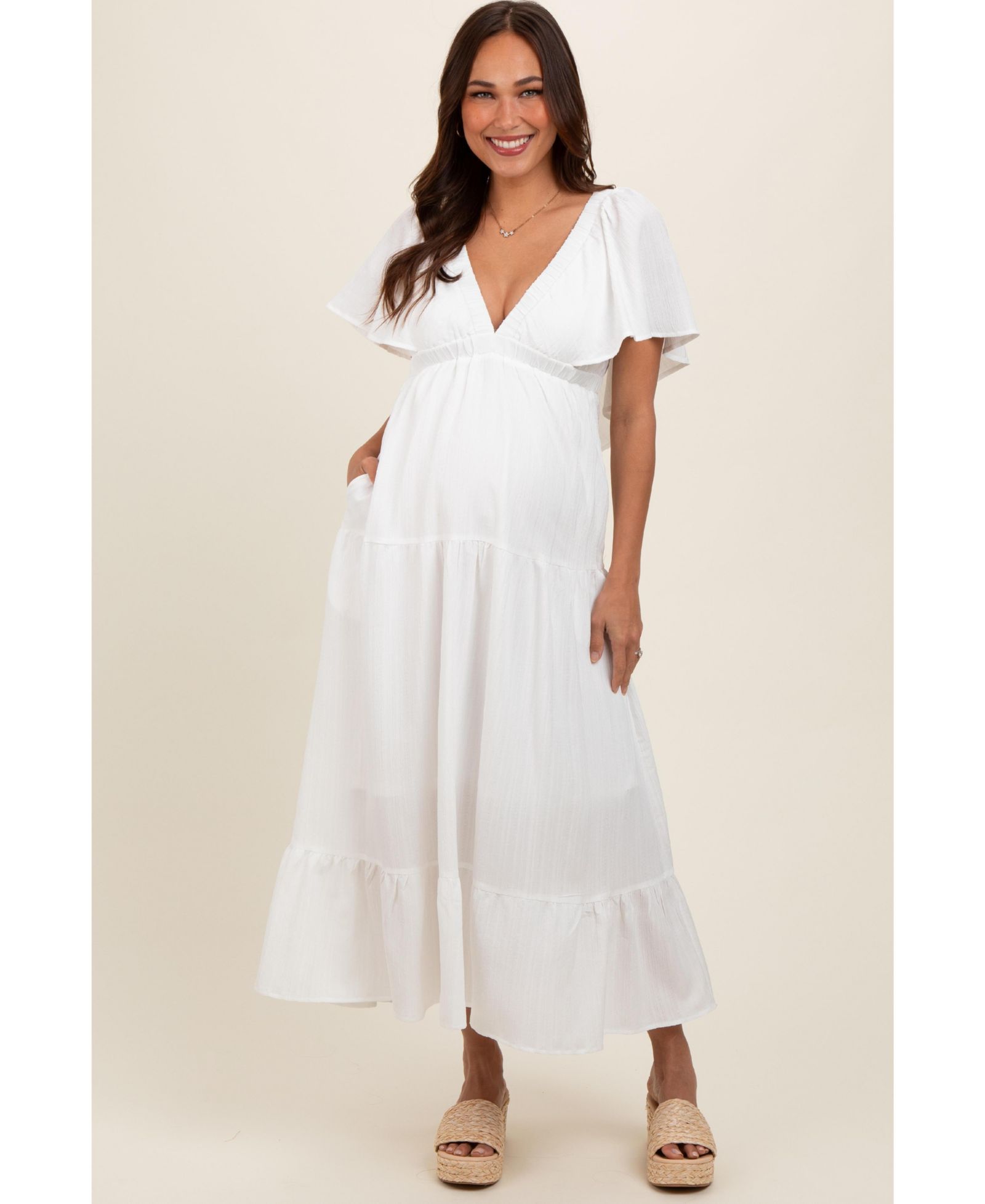 Женское миди-платье Pinkblush Ivory Deep V-Neck Flutter Sleeve Tiered