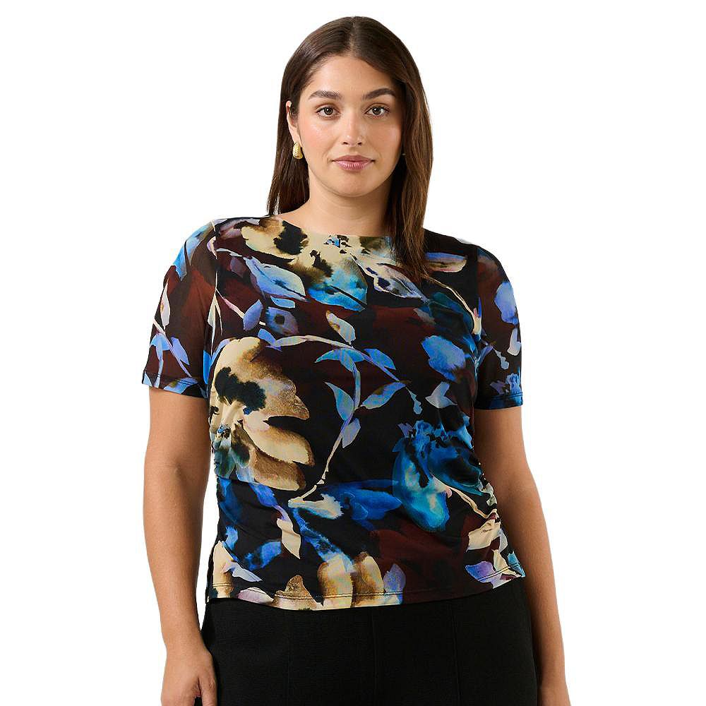 ESTELLE Plus Size Cleo Floral Mesh Ruched Short Sleeve Top