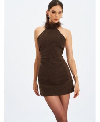 Miss Circle Women's Yael Espresso Suede Faux Fur Halter Mini Dress