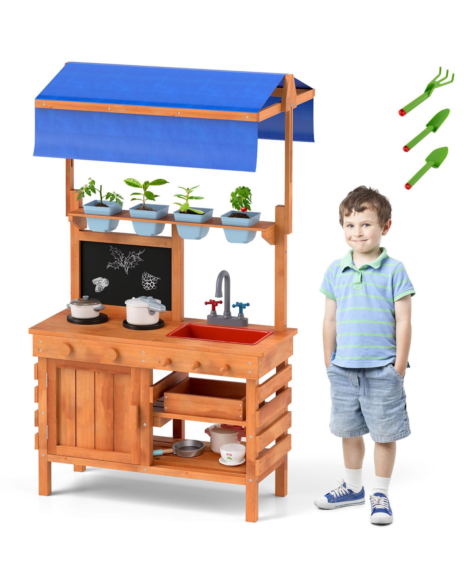 Gymax Height Adjustable Canopy Wooden Mud Kitchen Playset, Ages 3+