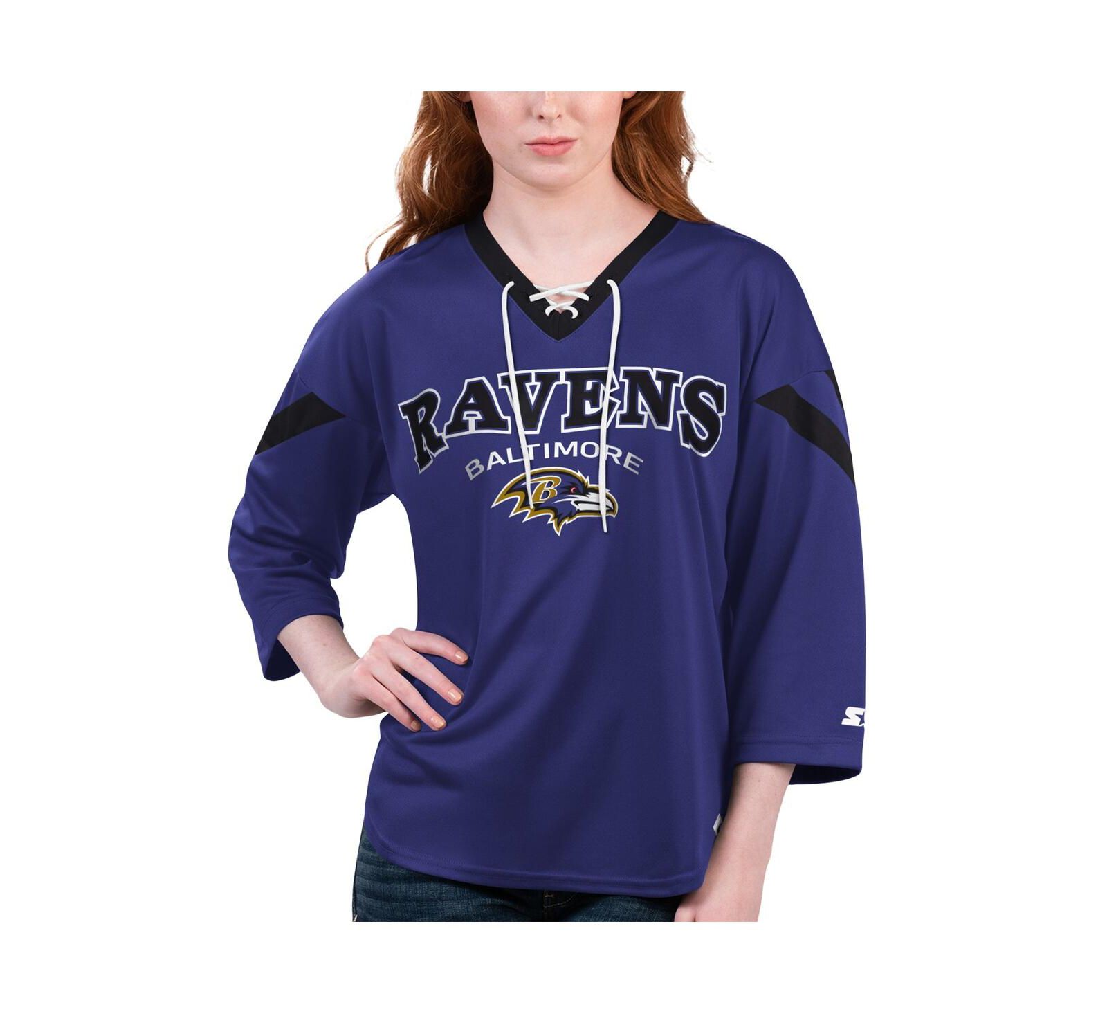 Женская футболка Starter Purple Baltimore Ravens Rally Lace-Up 3/4 Sleeve