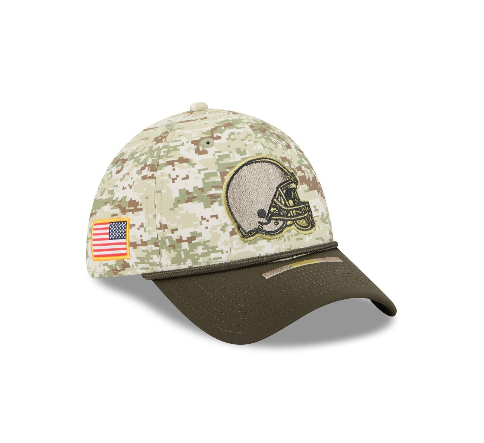 Мужская кепка New Era Camo/Dark Green Cleveland Browns 2025 Salute to Service 39THIRTY Flex