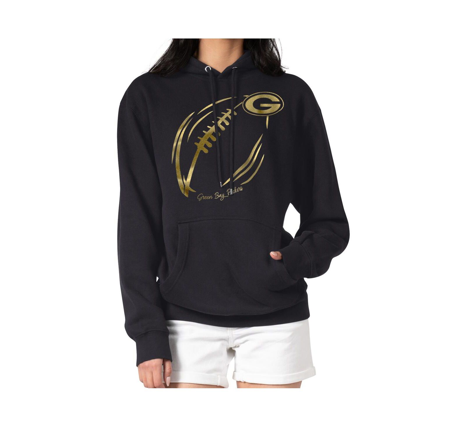 Худи G-III 4Her by Carl Banks Women's Black/Gold Green Bay Packers Metallic Print Football Sketch Fleece Pullover