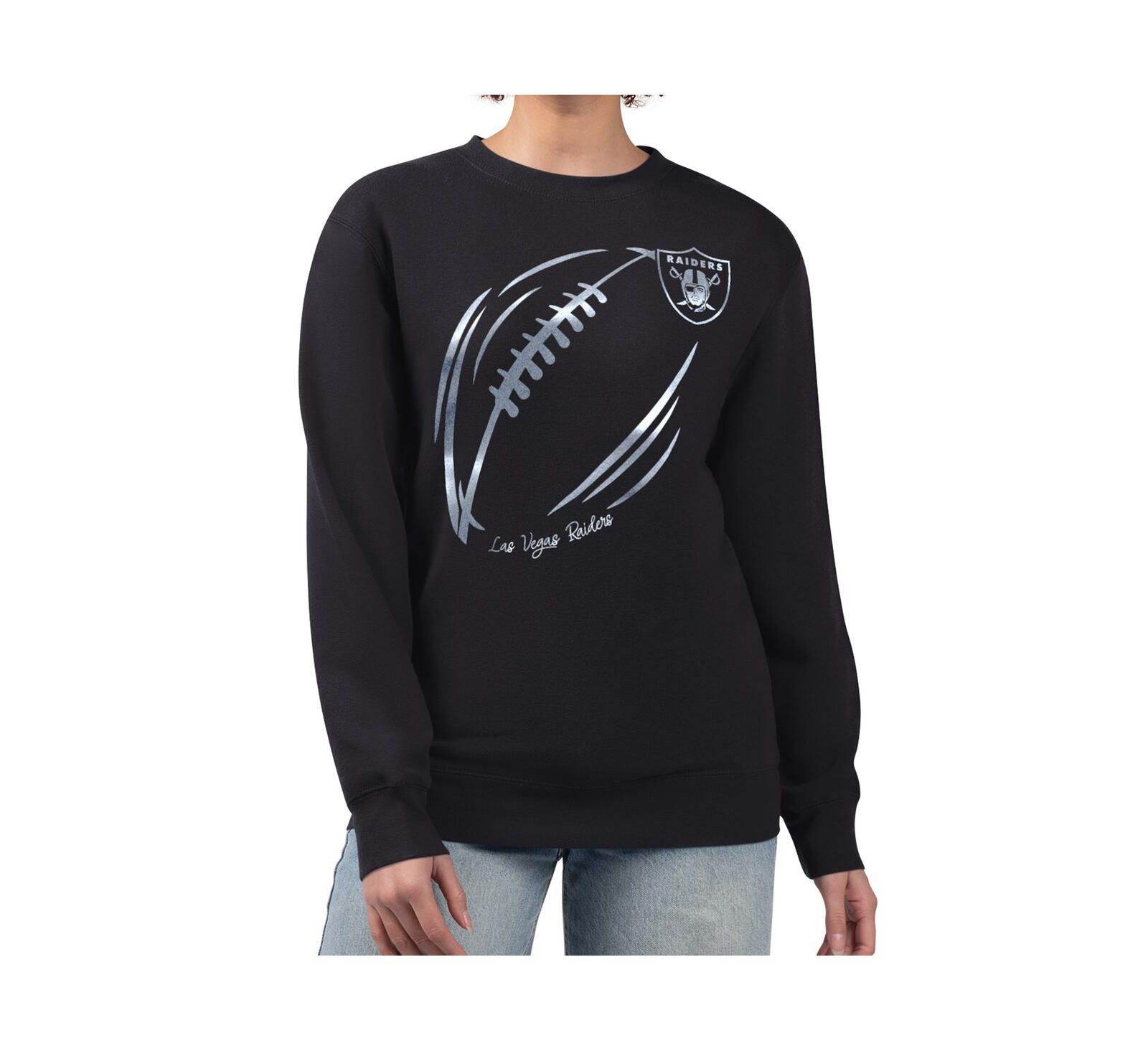 Женская свитшот G-III 4Her by Carl Banks Black/Silver Las Vegas Raiders Metallic Print Football Sketch Fleece Crewneck