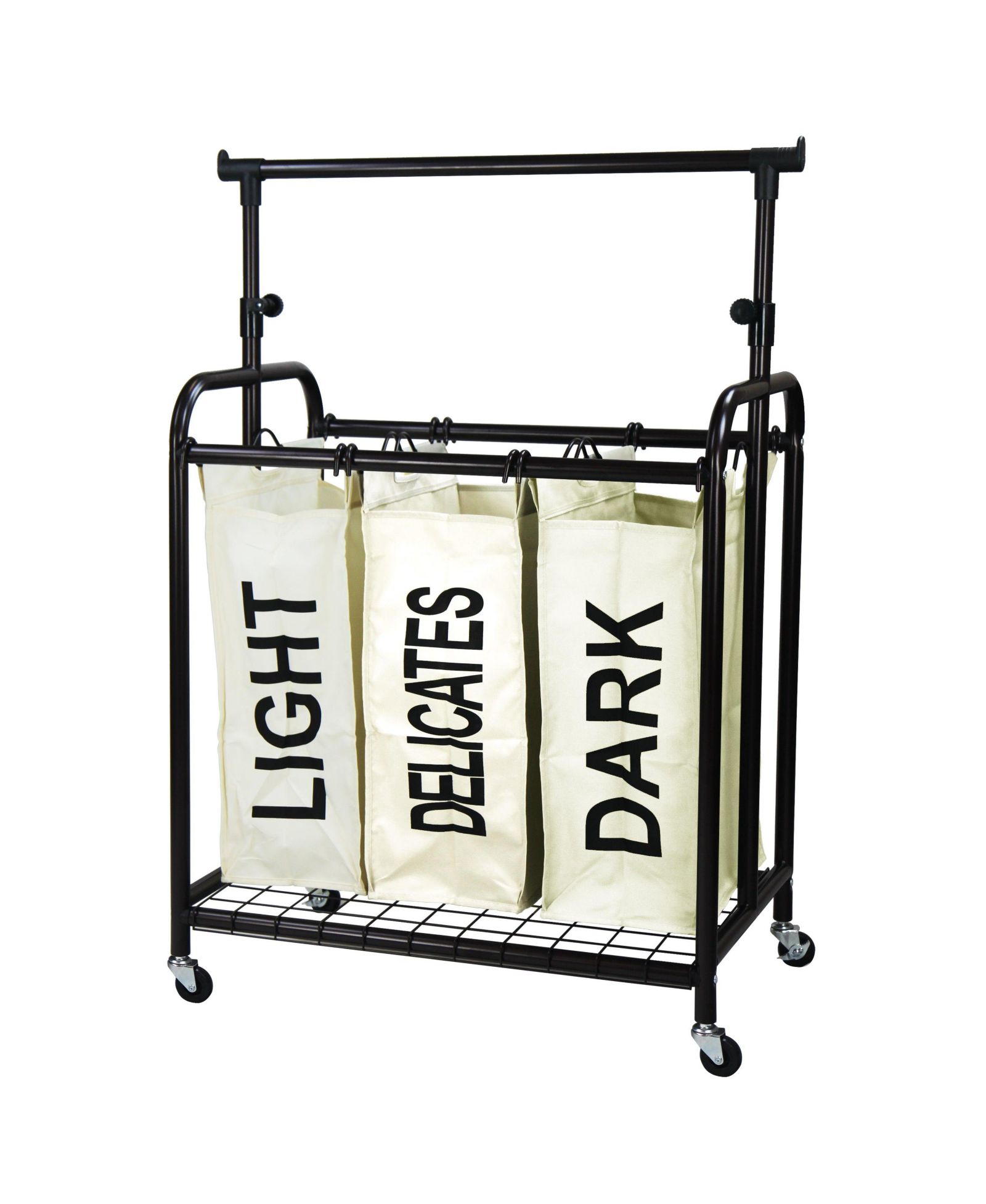 Oceanstar 3-Bag Rolling Laundry Sorter with Adjustable Hanging Bar, White