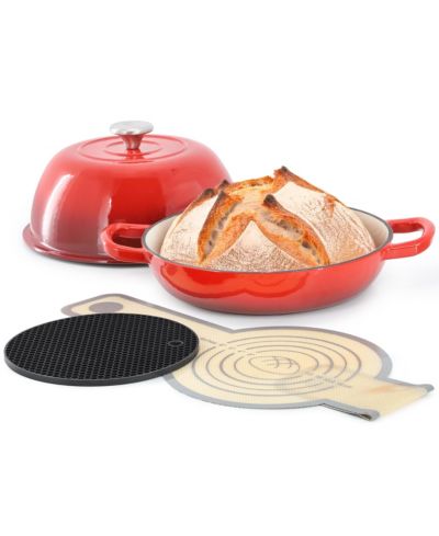 MegaChef 6 Quart Enameled Cast Iron Bread Pot in Red with Baking Mat