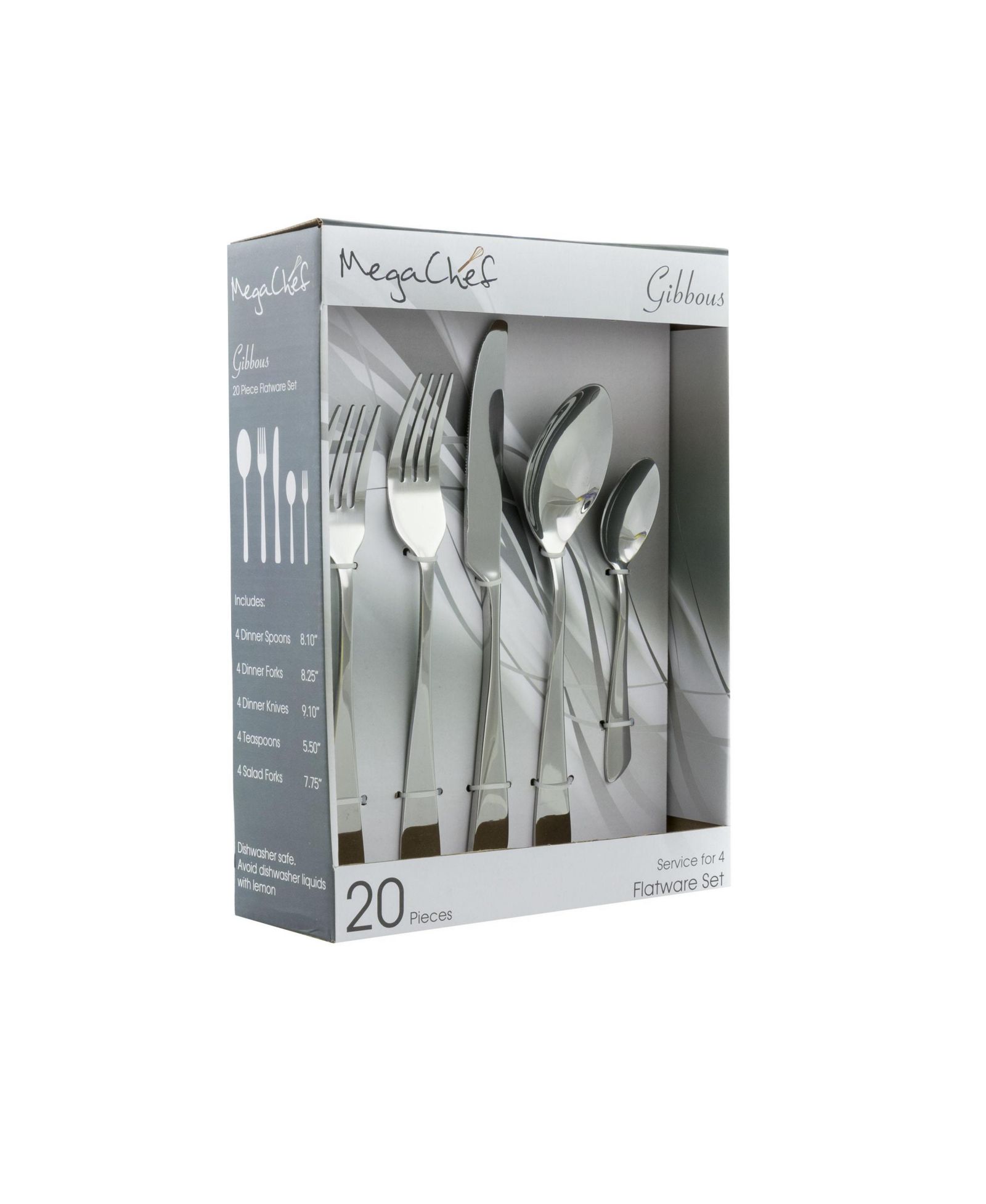 MegaChef Gibbous 20 Piece Flatware Utensil Set, Stainless Steel Silverware Metal Service for 4 in Silver