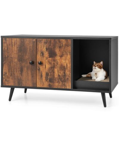 Gymax Cat Litter Box Enclosure w/ Cat Litter Catch Indoor Cat Cabinet for Living Room
