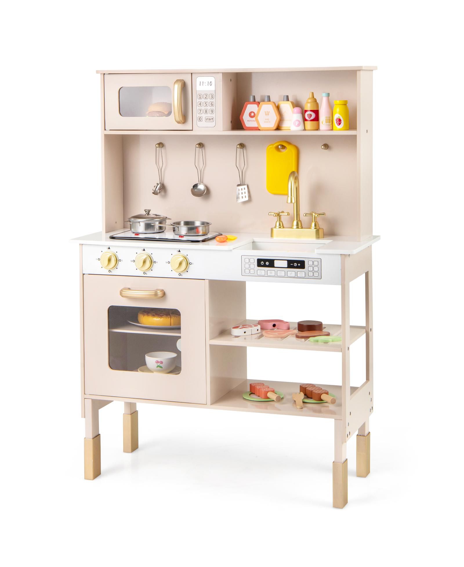 Gymax Height-Adjustable Wooden Kitchen Playset with Lights & Sounds, Ages 3+