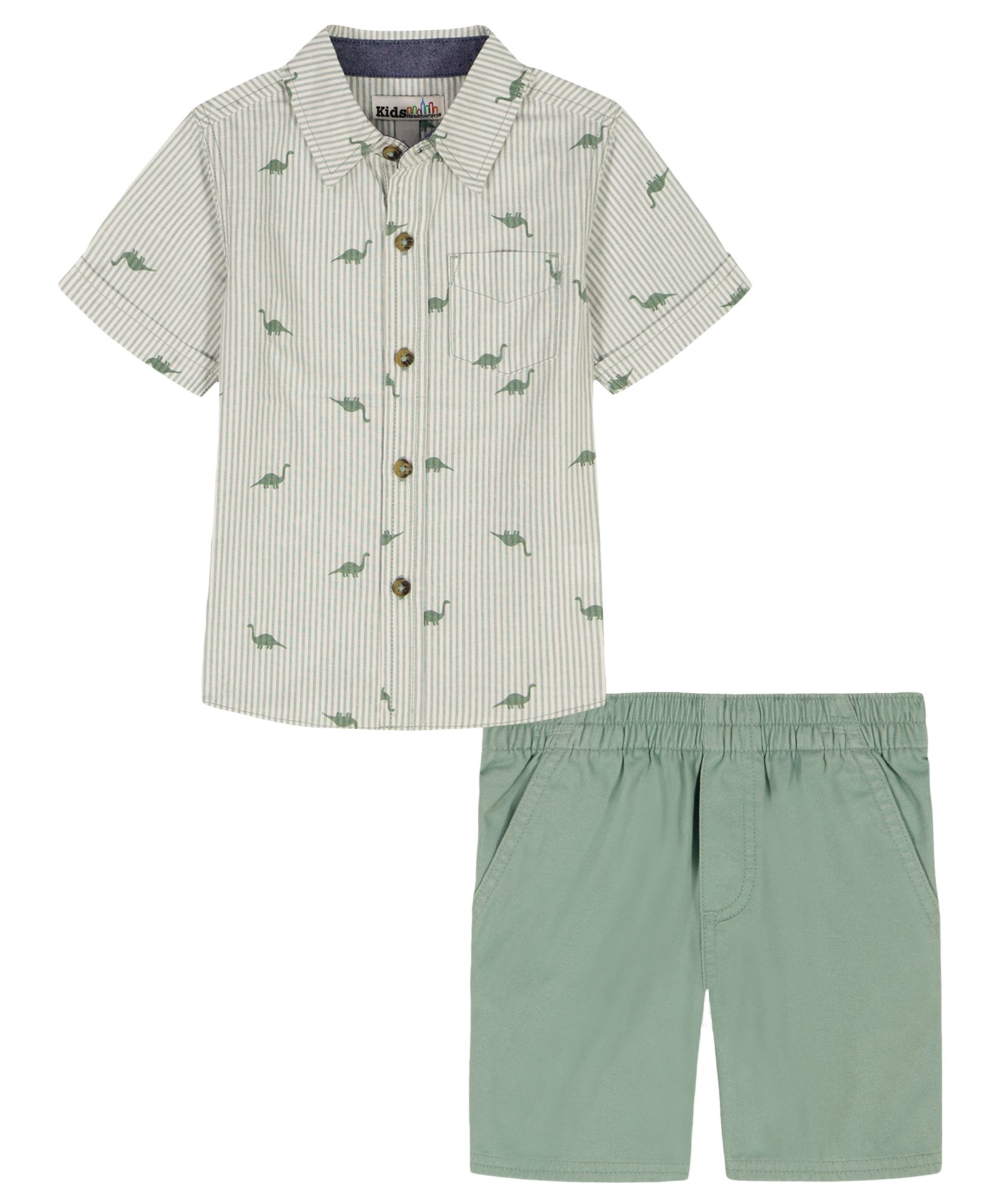 Kids Headquarters Boys' Toddler 2T-5T Short-Sleeve Dino Print Striped Shirt & Shorts, 2-Piece Set