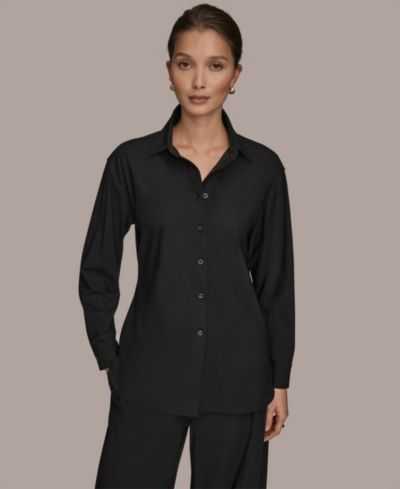 Donna Karan Weekend Women's 4-Way Stretch Knit Long Sleeve Button-Front Shirt